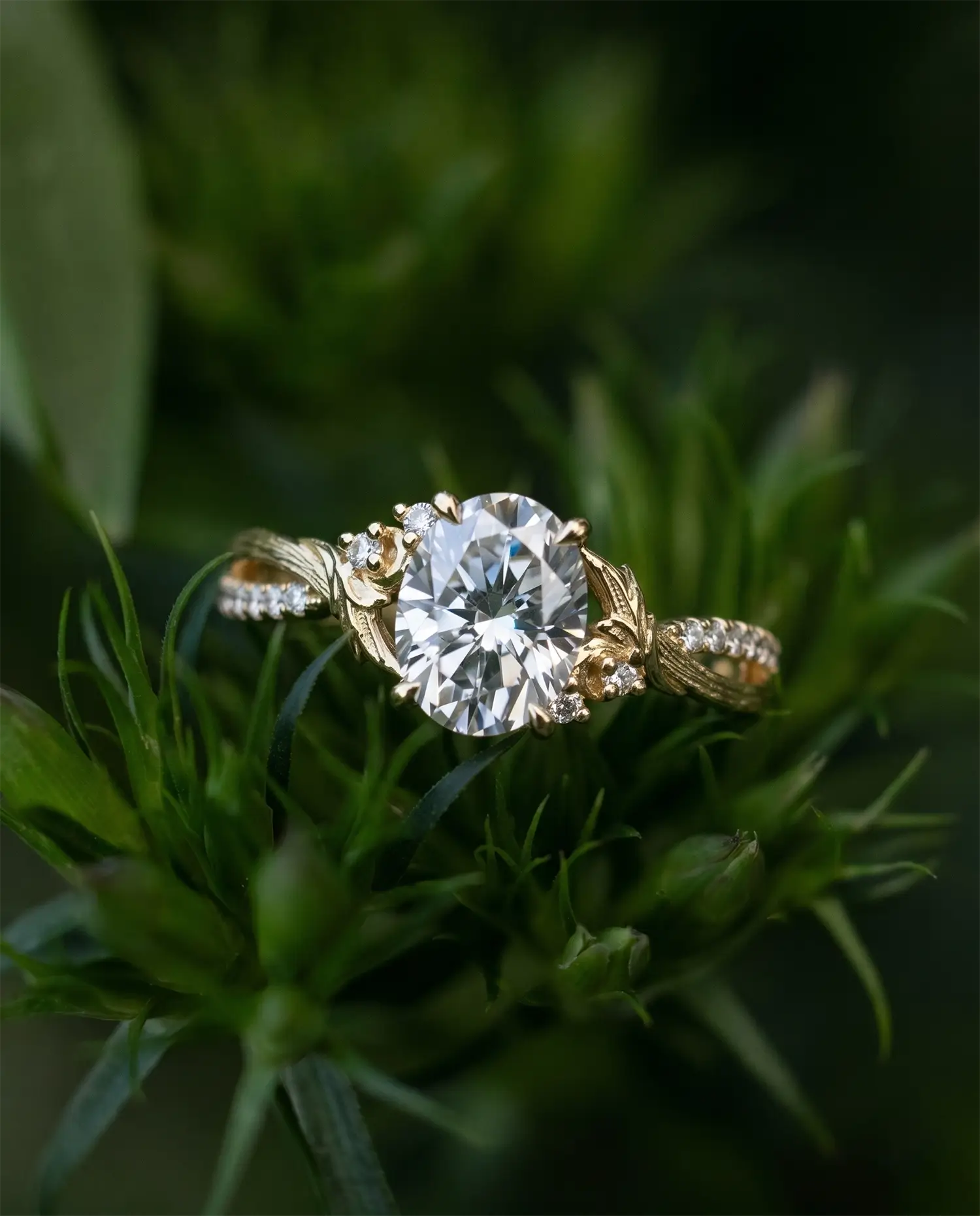 Natural inspiration ring - oval cut moissanite ring on the dark green grass