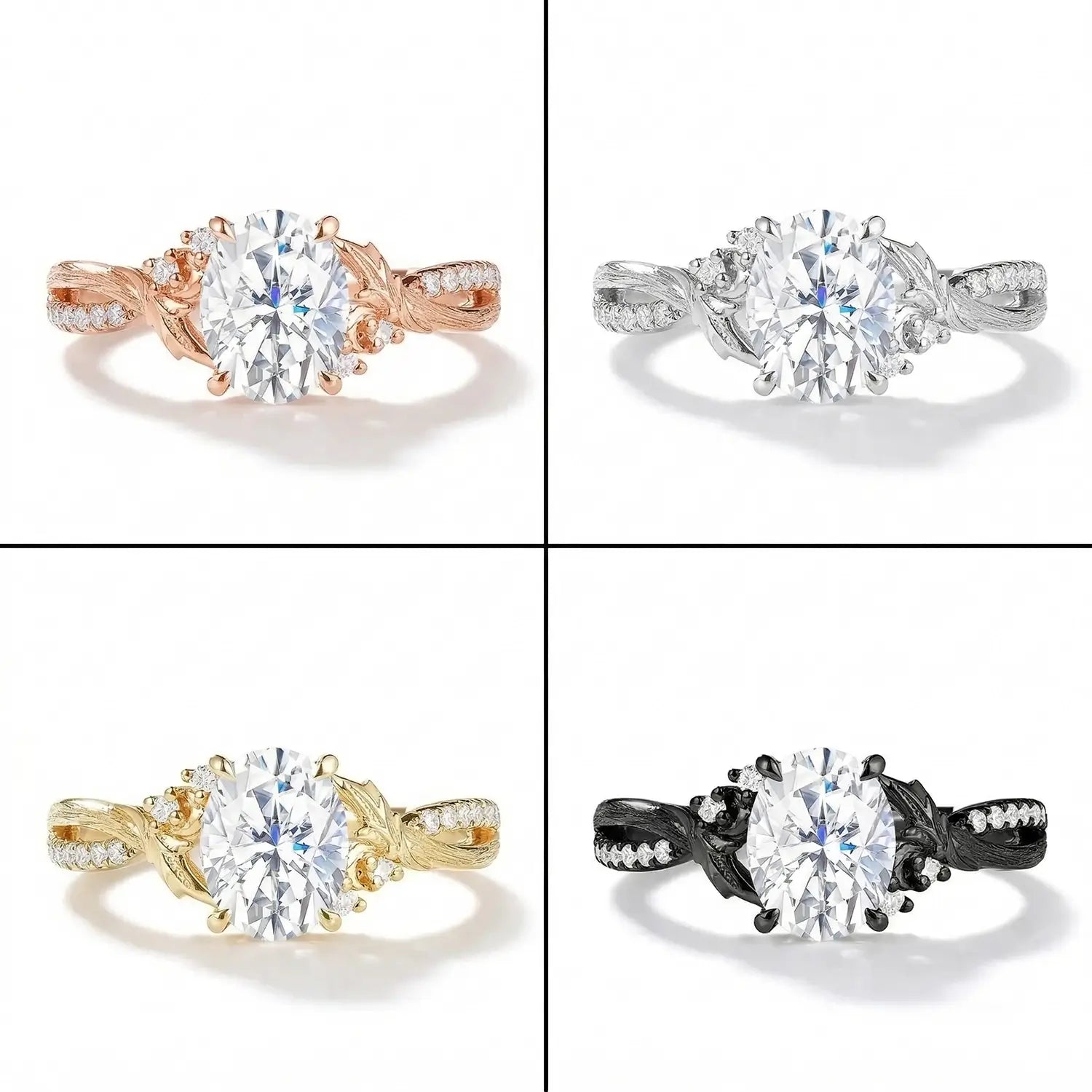 4 different colors of k gold rings-Oval Moissanite Leaf Engagement Ring