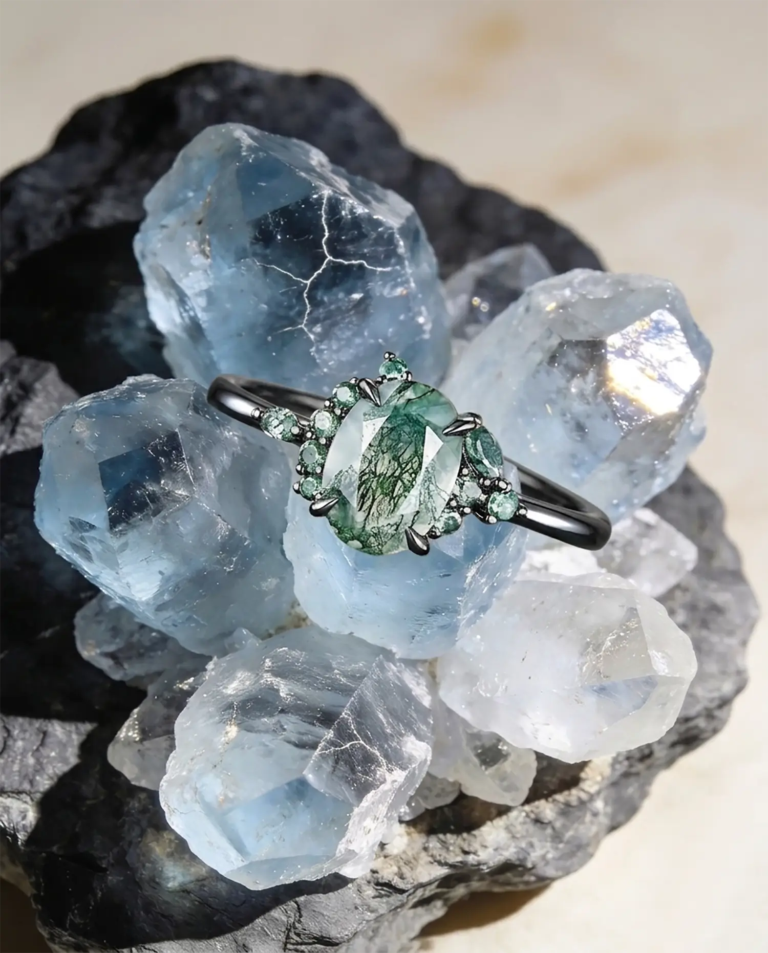 An 18k rose gold oval cut moss agate engagement ring pressed on the crystal