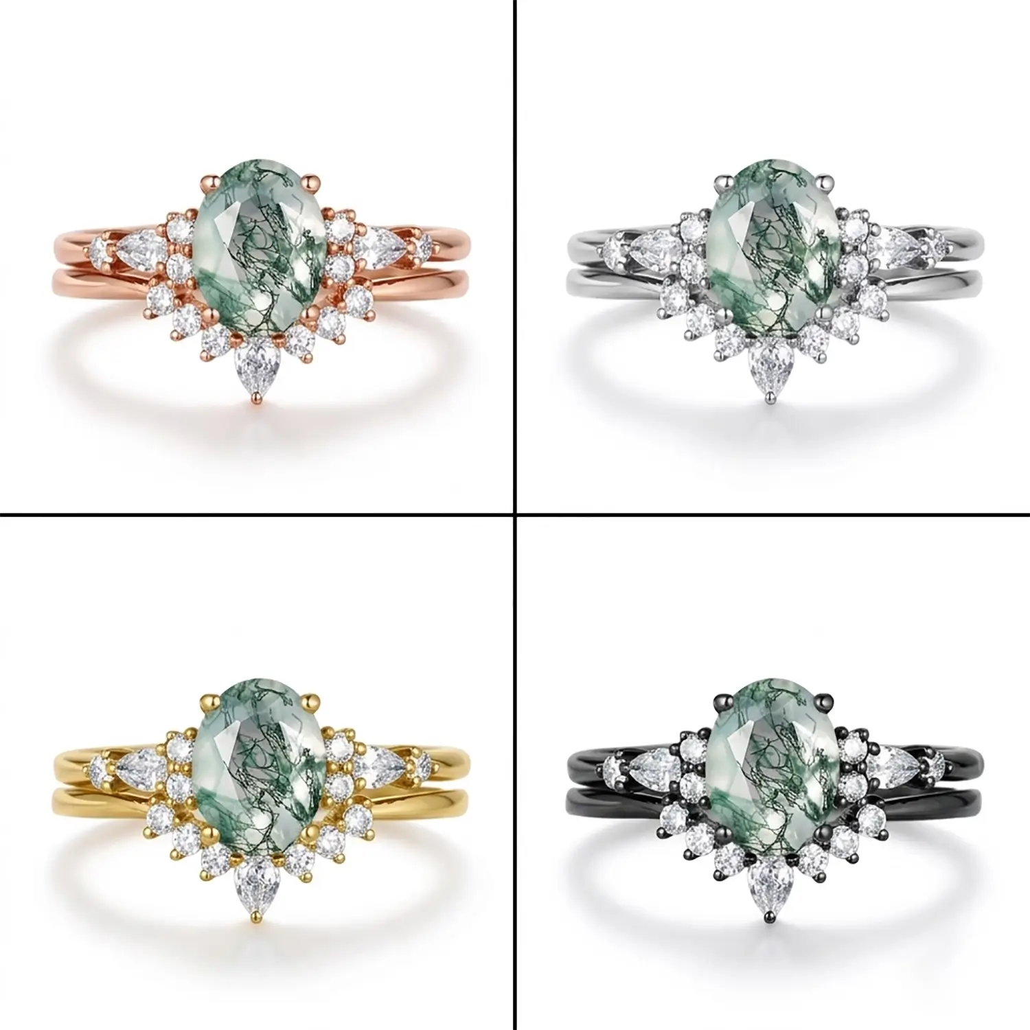 Ensemble de mariage en agate mousse ovale, or noir et moissanite sertie - Eden 