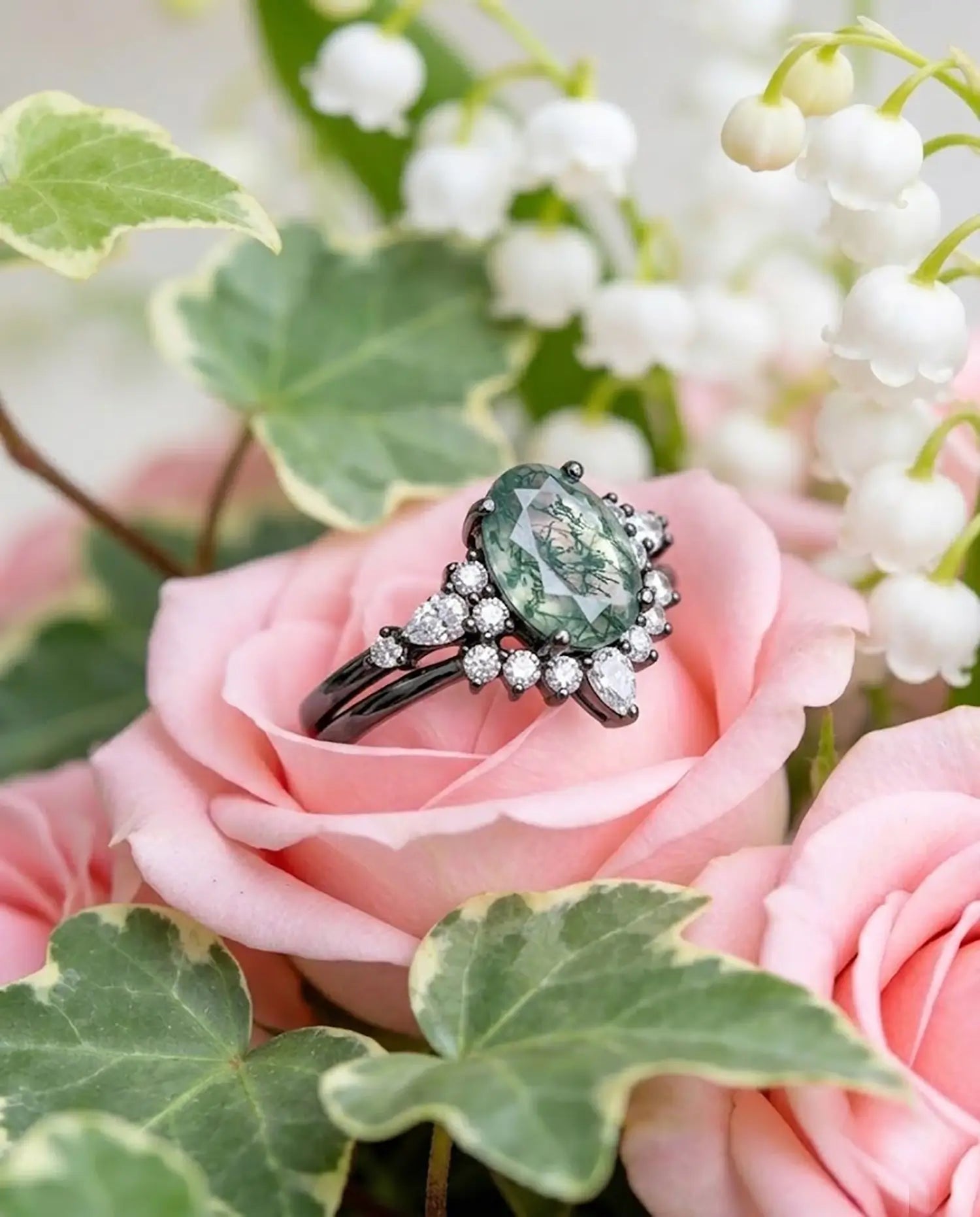 Ensemble de mariage en agate mousse ovale, or noir et moissanite sertie - Eden 