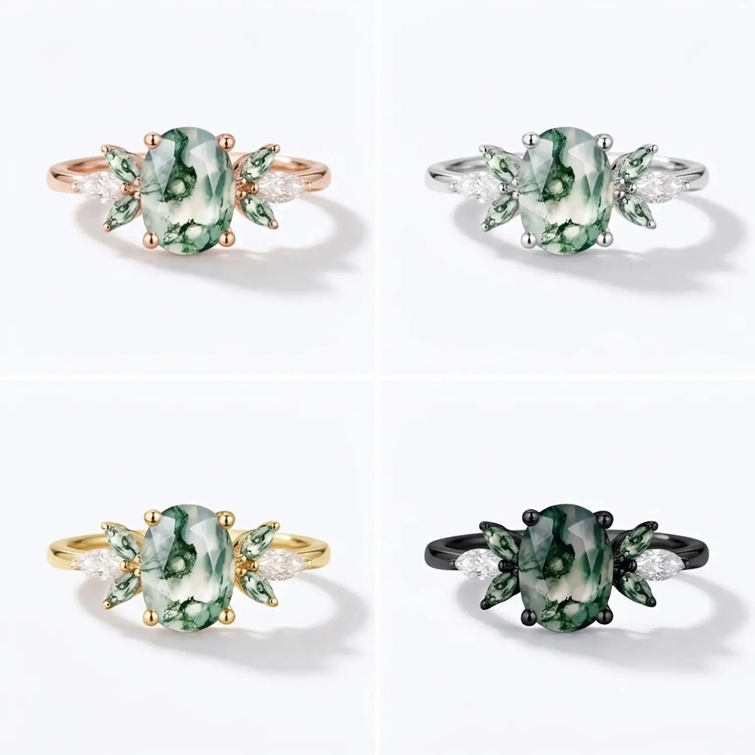 Oval Moss Agate Cluster Engagement Ring Art Deco Flower Ring- Flora