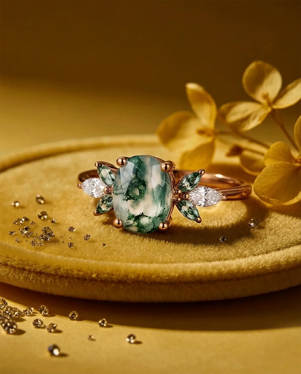 oval cut moss agate cluster ring 18k rose gold
