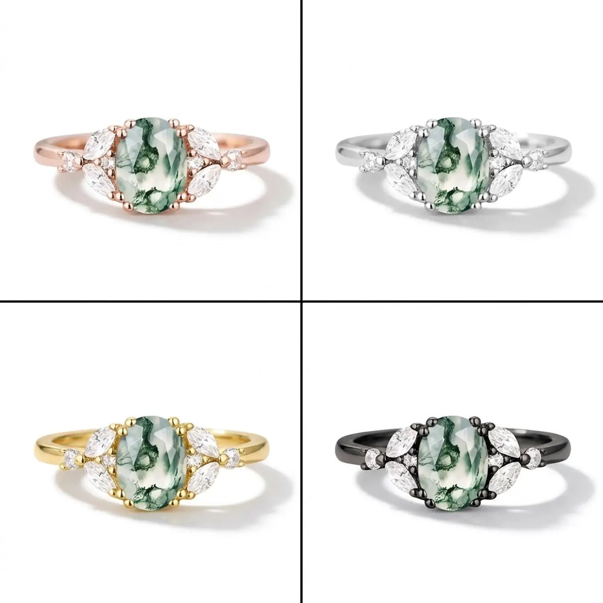 Oval Moss Agate Cluster Ring Art Deco Engagement Gold Ring For Ladies