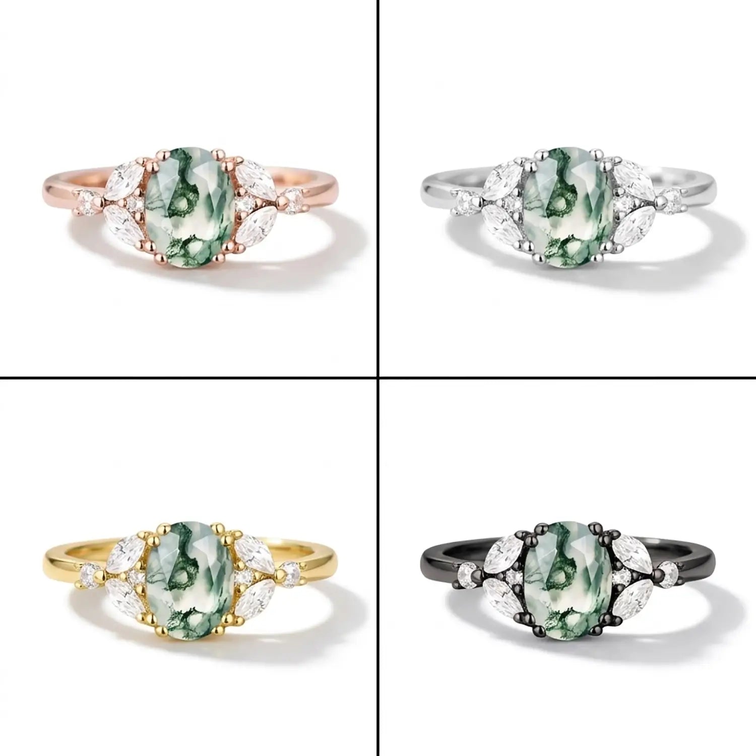 Oval Moss Agate Cluster Ring Art Deco Engagement Gold Ring For Ladies