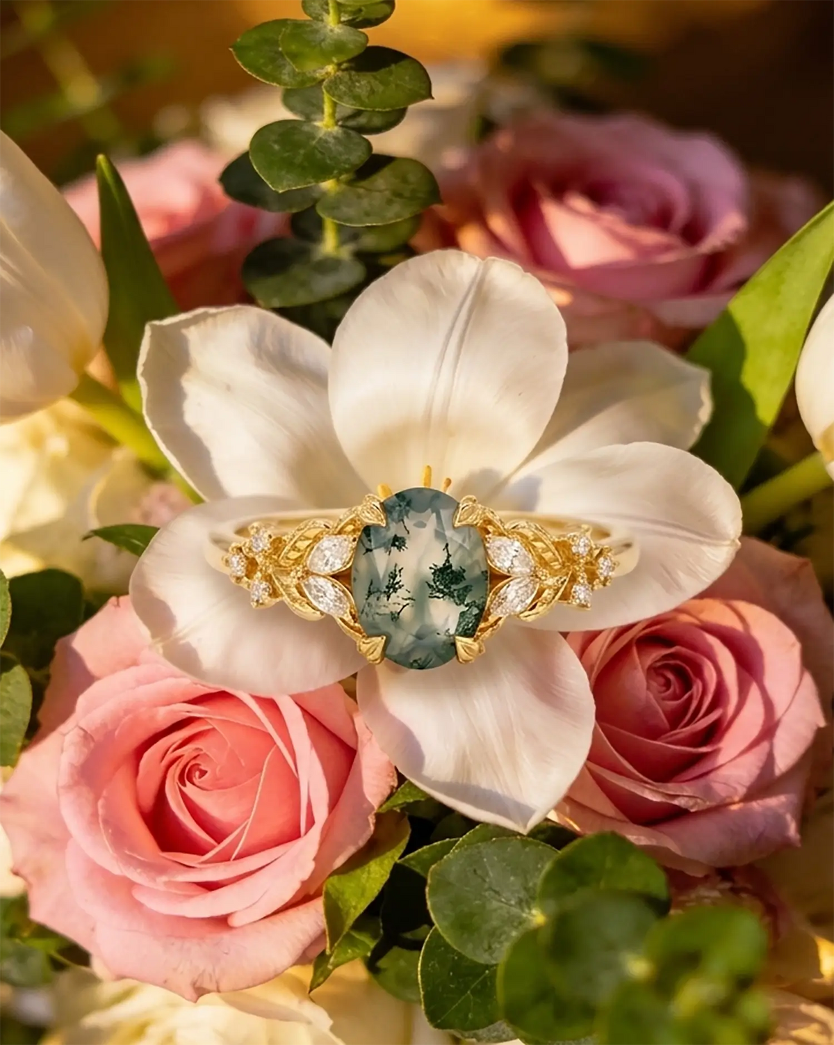 natural design flora leaf gold ring oval cut moss agate