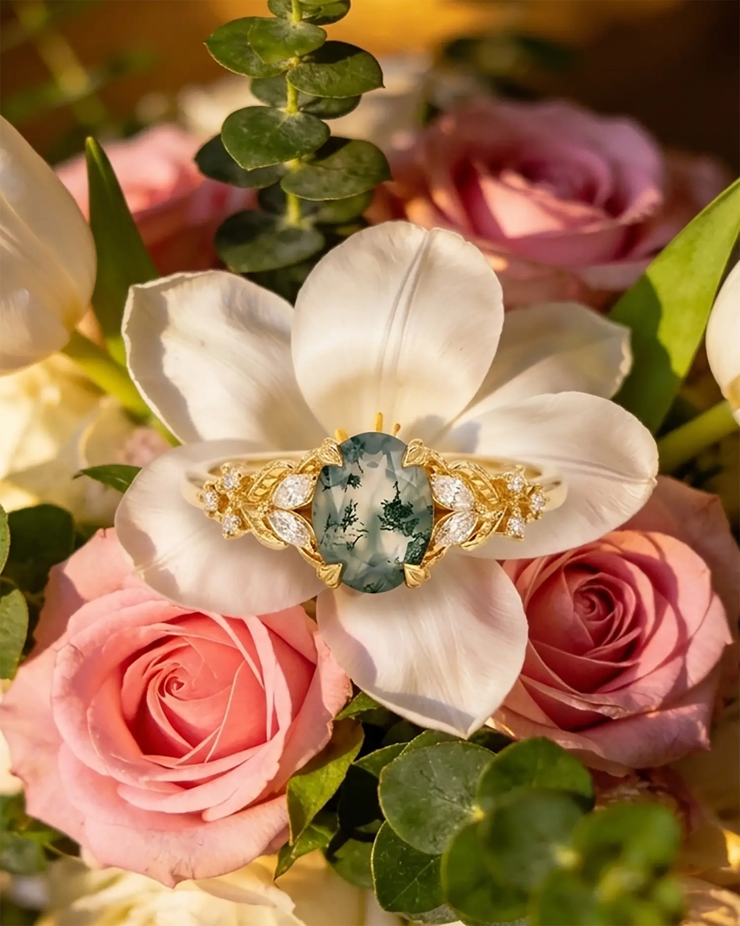 natural design flora leaf gold ring oval cut moss agate
