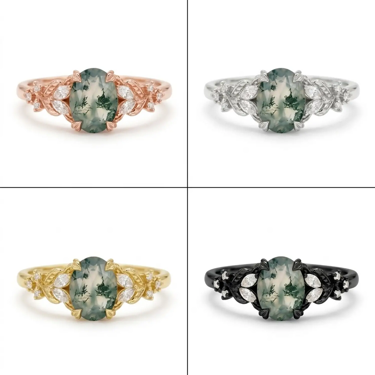 oval cut moss agate engagement ring leaf design 4 color