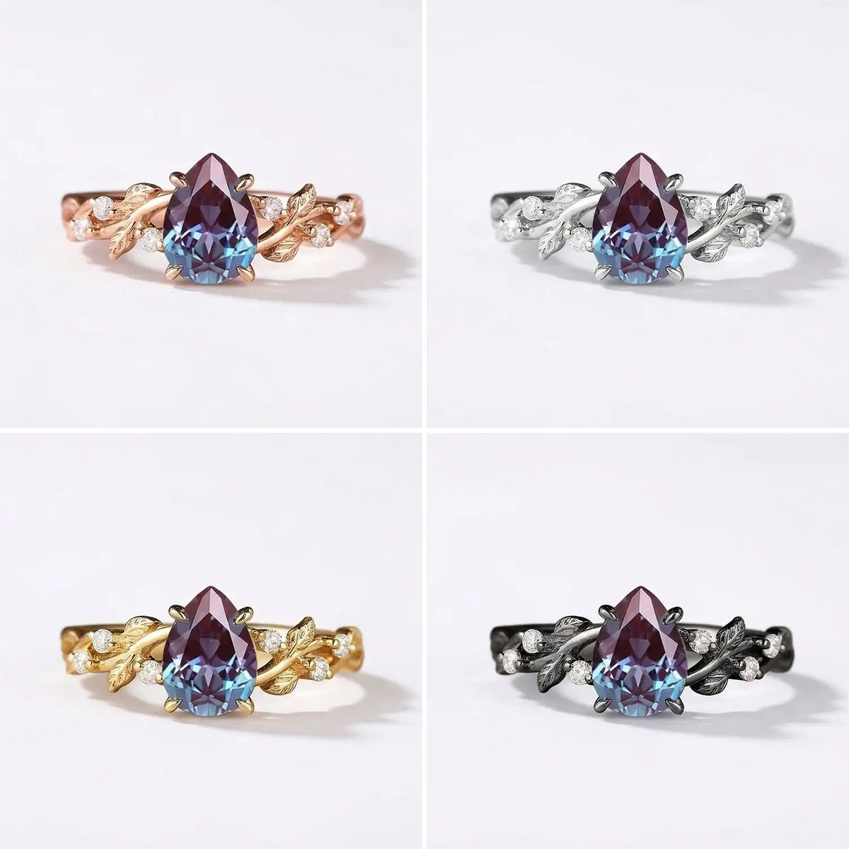 Pear Cut Alexandrite Engagement Rings – Nature-Inspired Gold Leaf Ring For ladies gift 4 color