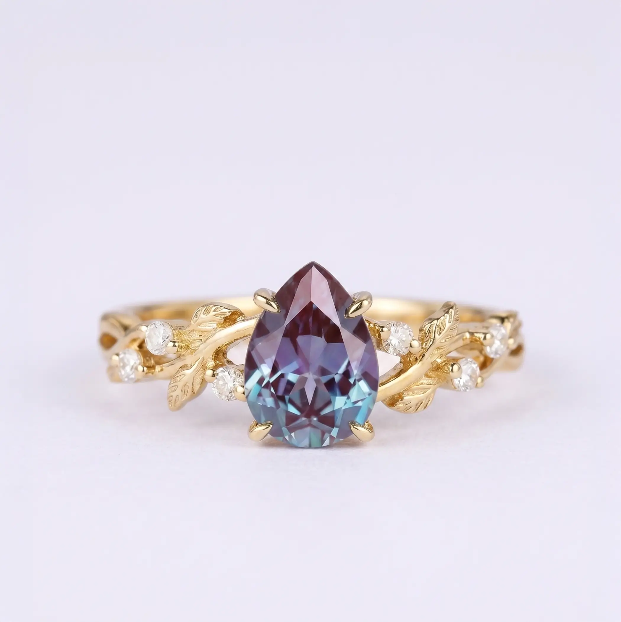 Pear Cut Alexandrite Engagement Rings – Nature-Inspired Gold Leaf Ring For ladies gift
