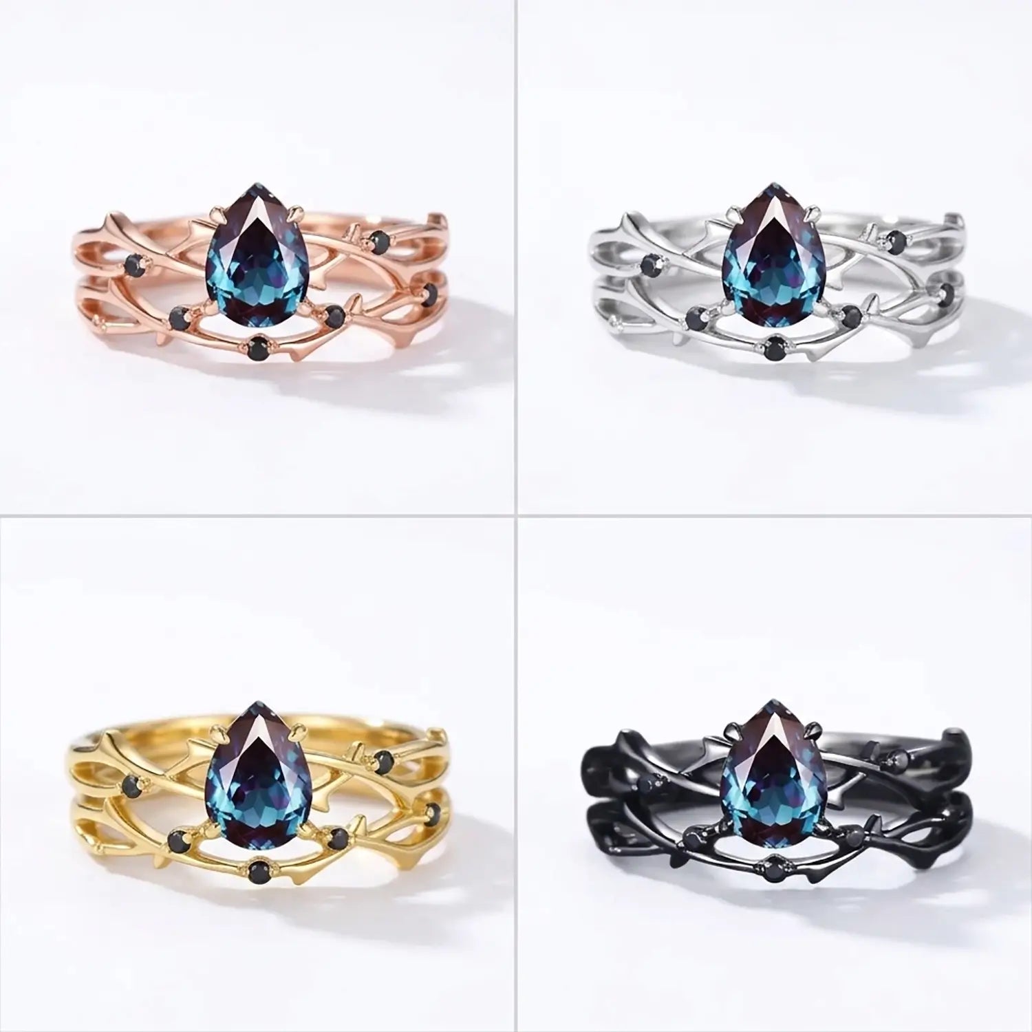 Pear Alexandrite Black Gold Bridal Set Twig Branch Wedding Ring - Shadow