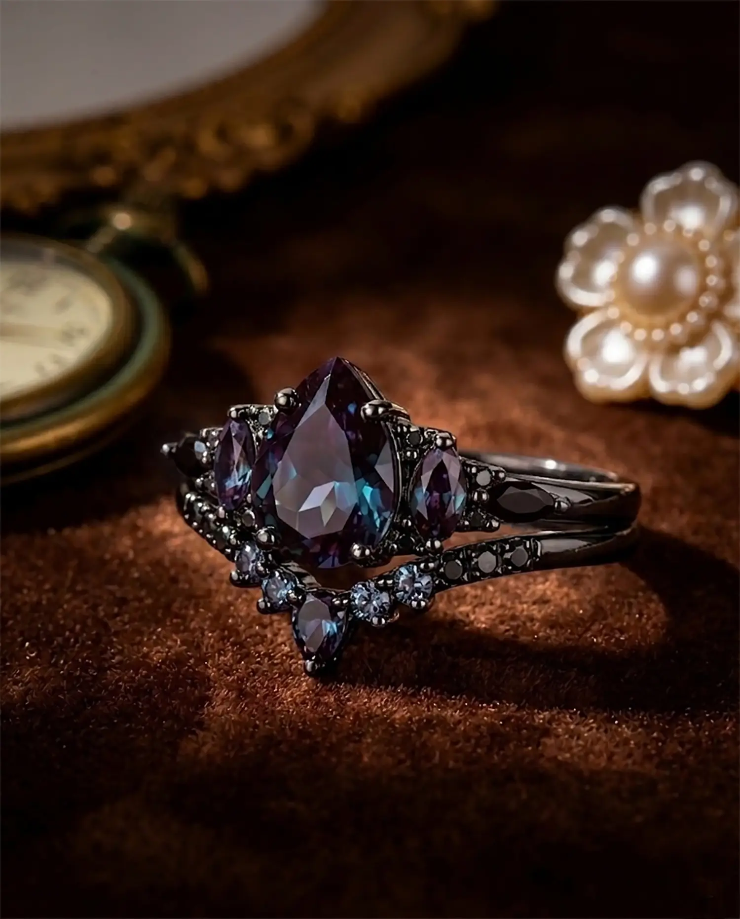 Gothic style 14k black gold pear cut alexandrite anniversary ring