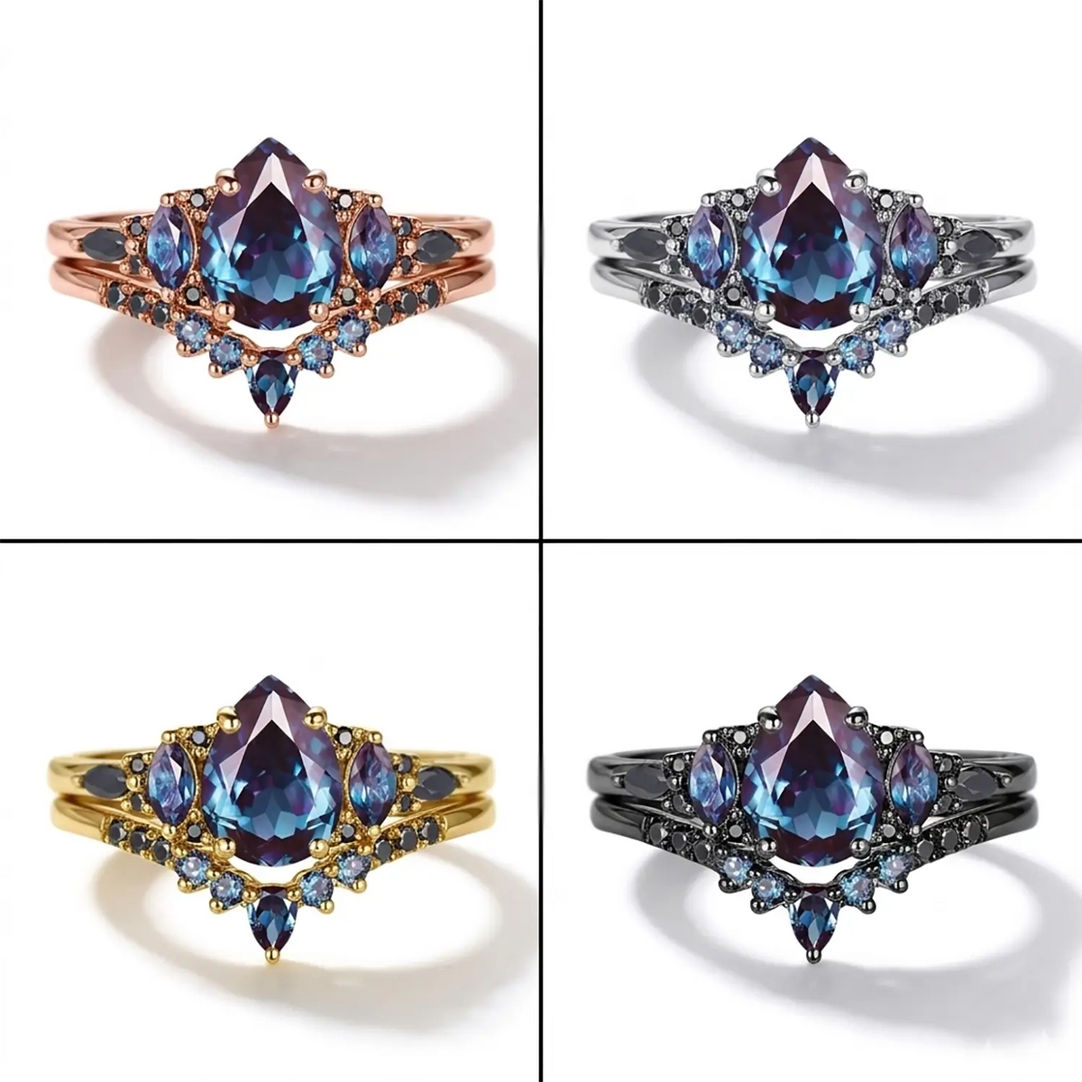 Bague de fiançailles en or noir sertie d'alexandrite en forme de poire - Style gothique - Crépuscule 
