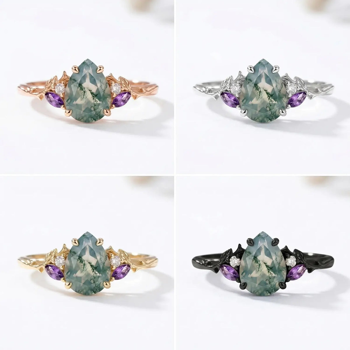 Pear Cut Moss Agate Engagement Ring Gold Leaf Nature Inspired Ring for her 4 color material