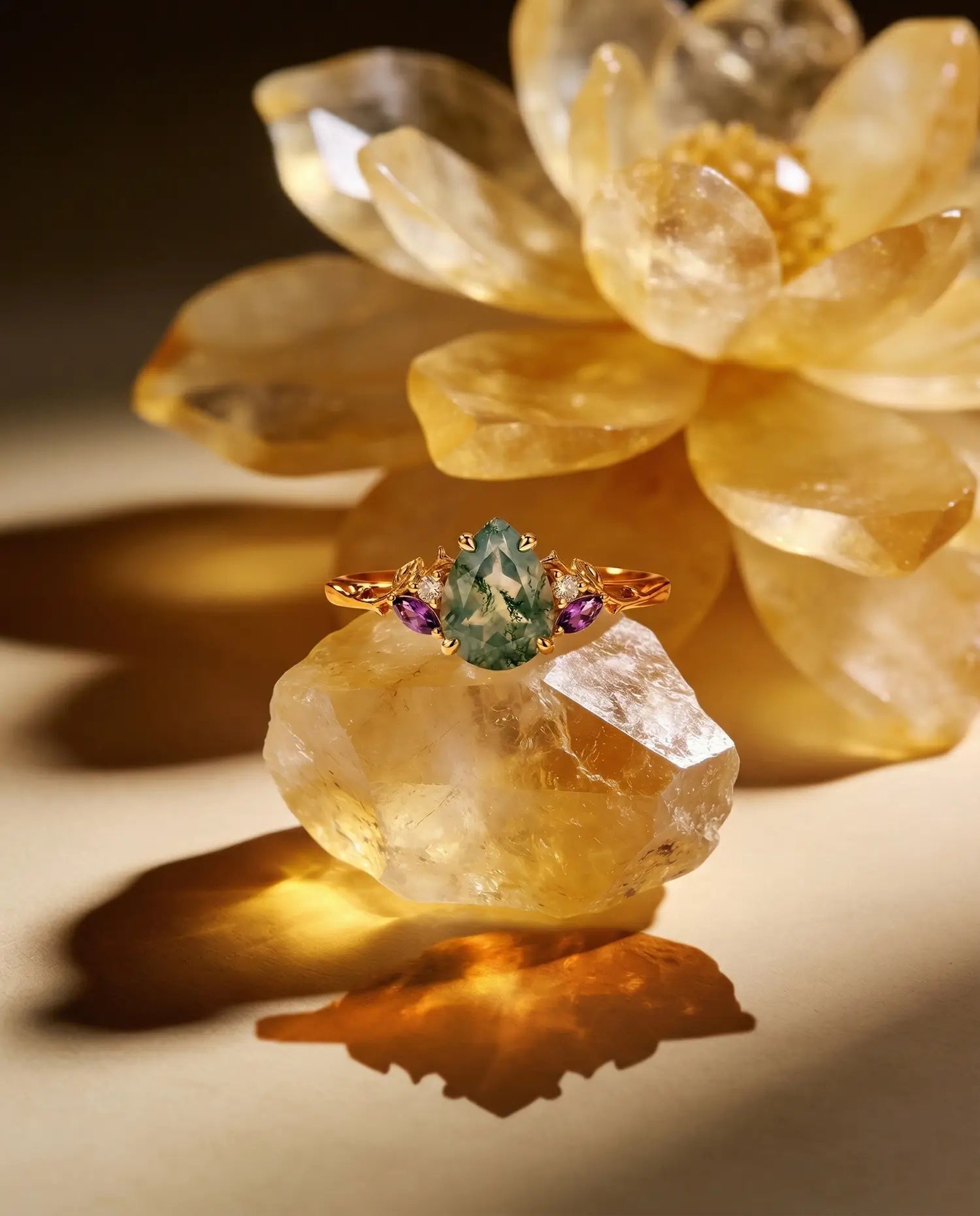 Pear Cut Moss Agate Engagement Ring Gold Leaf Nature Inspired Ring