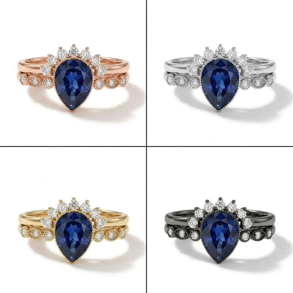 Pear Cut Sapphire Ring Set Gold Milgrain Bezel Vintage Art Deco Rings– Selira