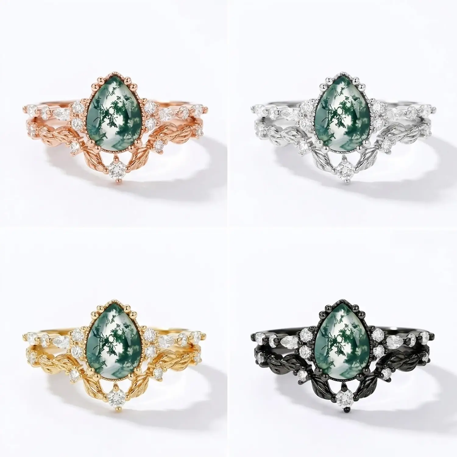 Pear Moss Agate Leaf Engagement Ring Set with Vine Band – Elowen