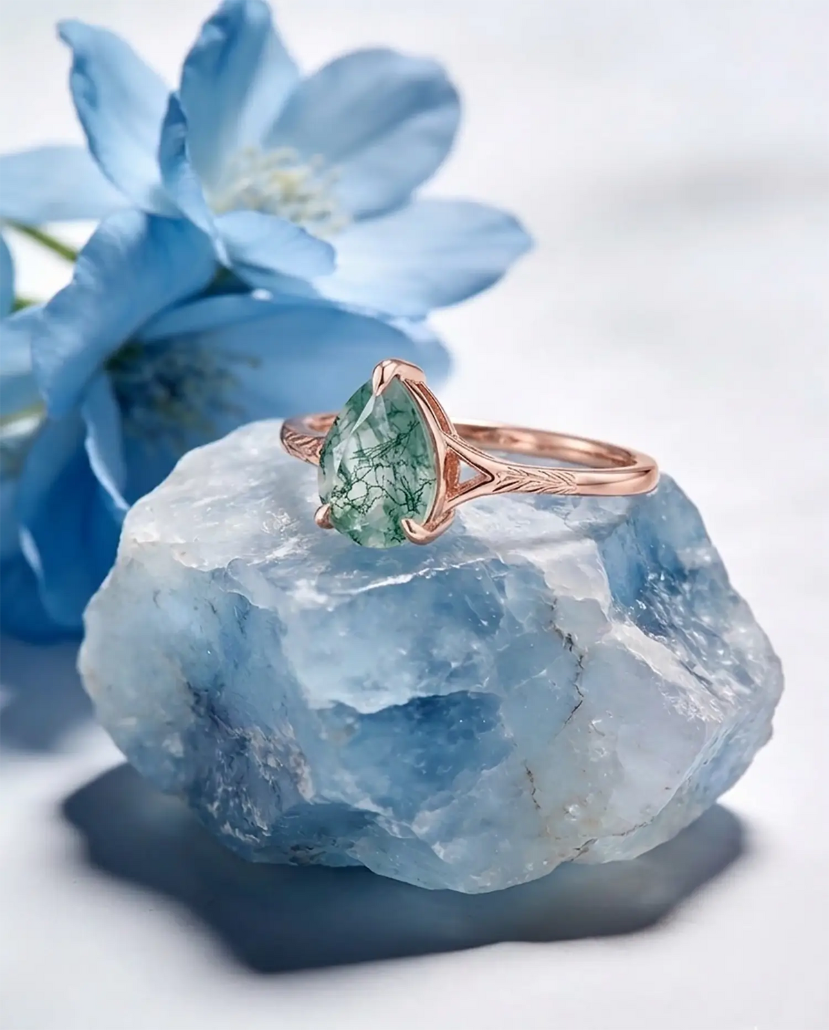 14k rose gold leaf band pear cut moss agate engagement ring