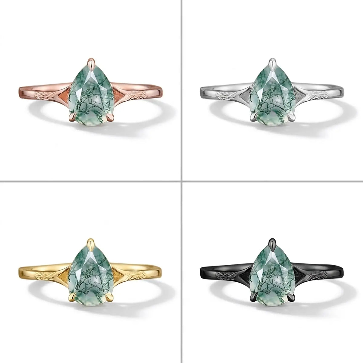 Pear Moss Agate Rose Gold Solitaire Engagement Ring Leaf Band - Willow
