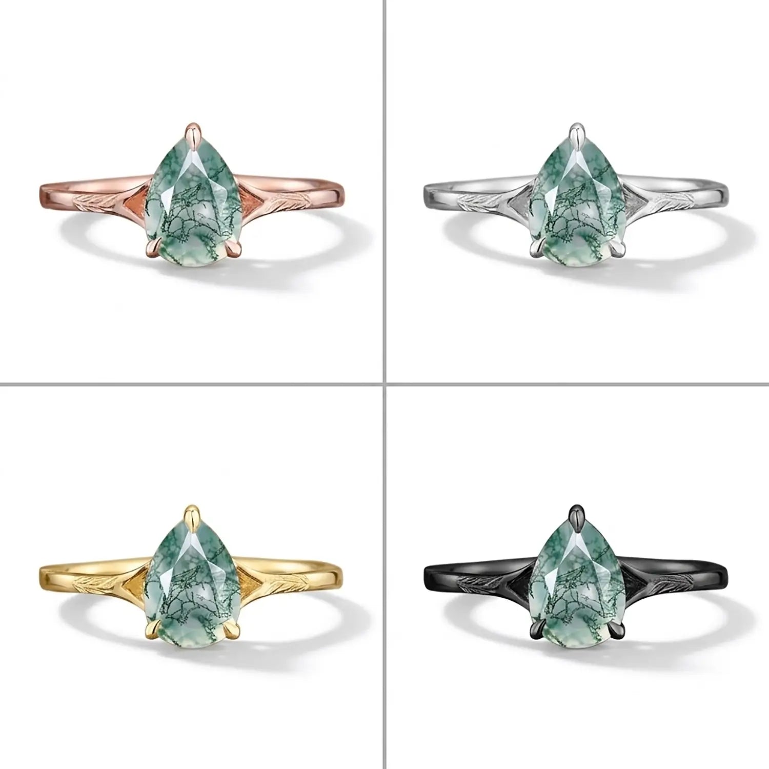 Pear Moss Agate Rose Gold Solitaire Engagement Ring Leaf Band - Willow