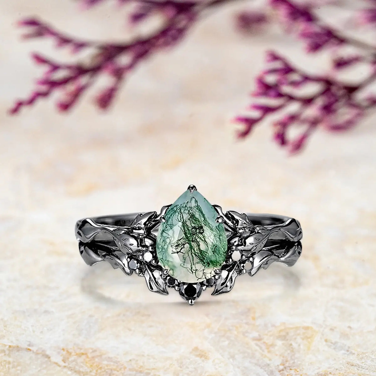 Nature-inspired moss agate wedding ring with gothic black moissanite