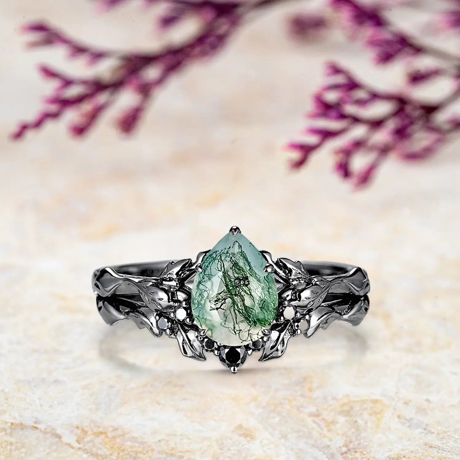 Nature-inspired moss agate wedding ring with gothic black moissanite
