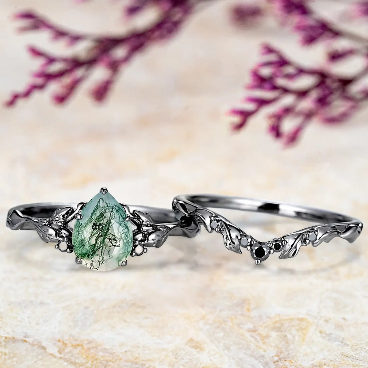 Solid 14K PVD black gold pear cut moss agate promise ring for women