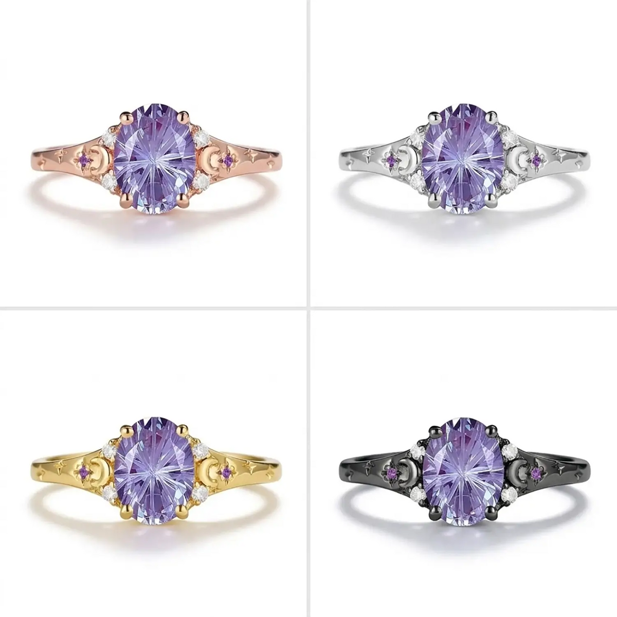 Bague de fiançailles unique en alexandrite taille feu d'artifice ovale avec lune – Bagues étoile et lune