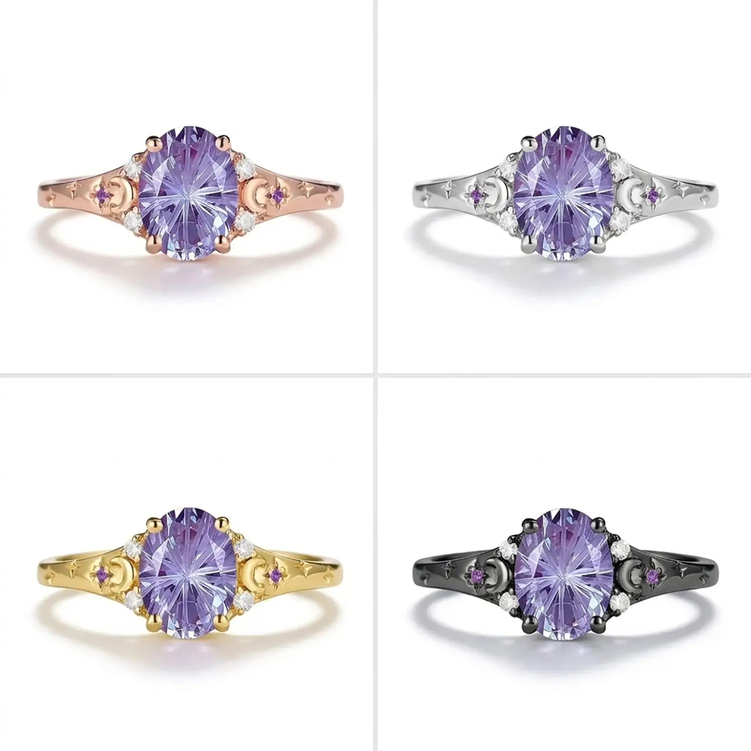 Bague de fiançailles unique en alexandrite taille feu d'artifice ovale avec lune – Bagues étoile et lune