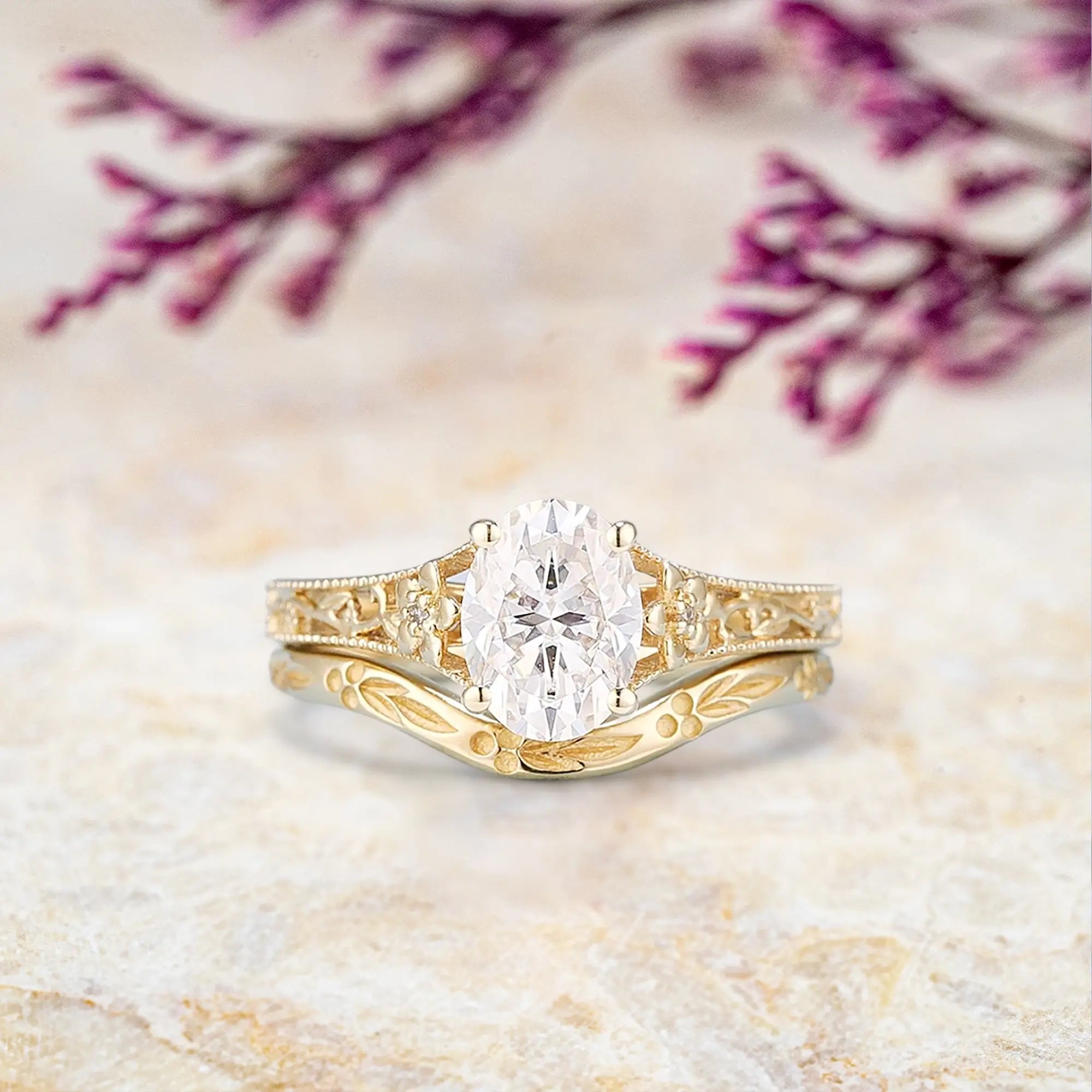 Vintage Moissanite Engagement Ring Set Nature Engraved Curved Band Moissanite Wedding Ring Solid Gold Engraved Flower Leaf Promise Rings