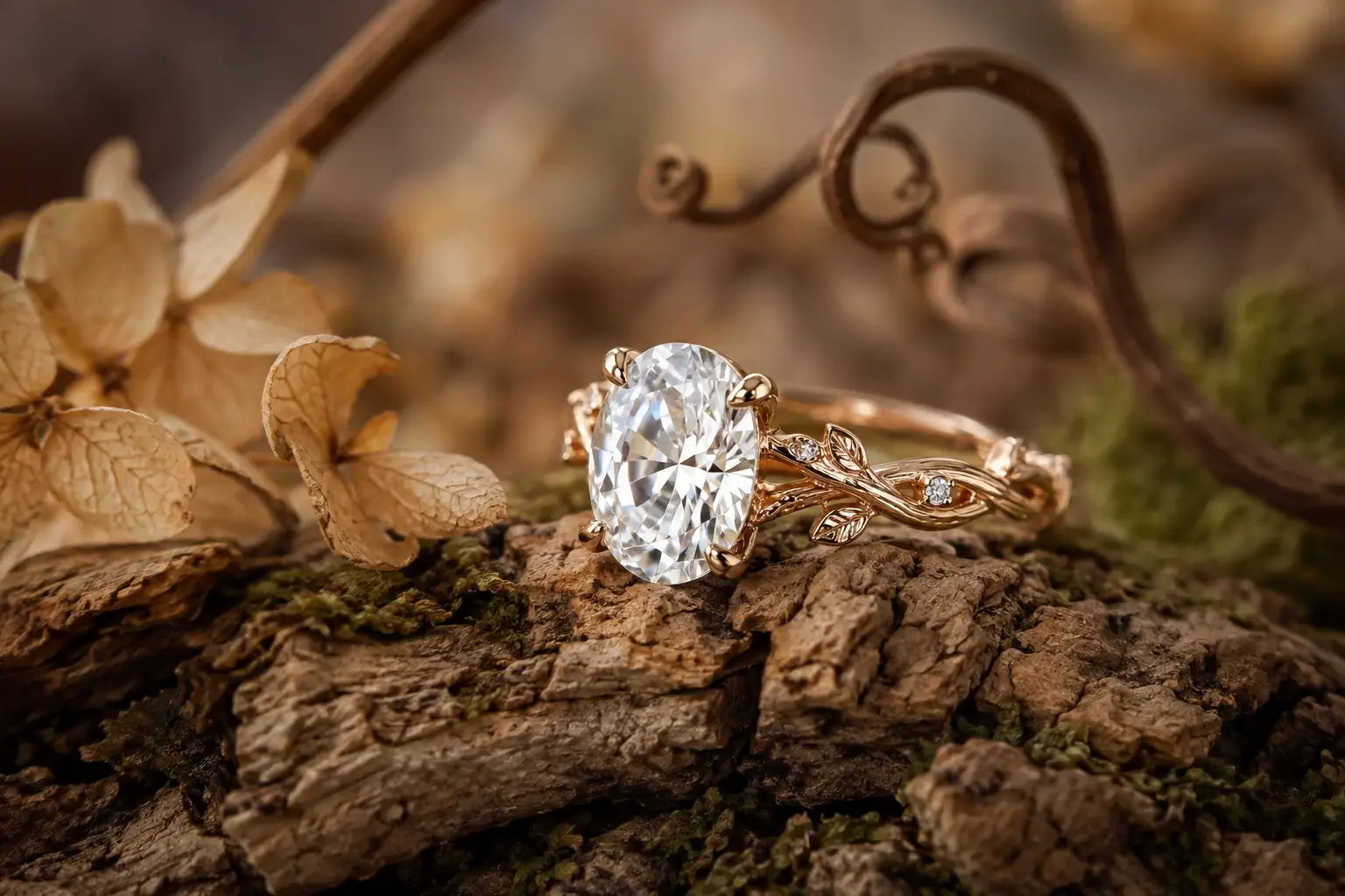 Vine and branch engagement ring with twisting gold band and organic nature inspired details