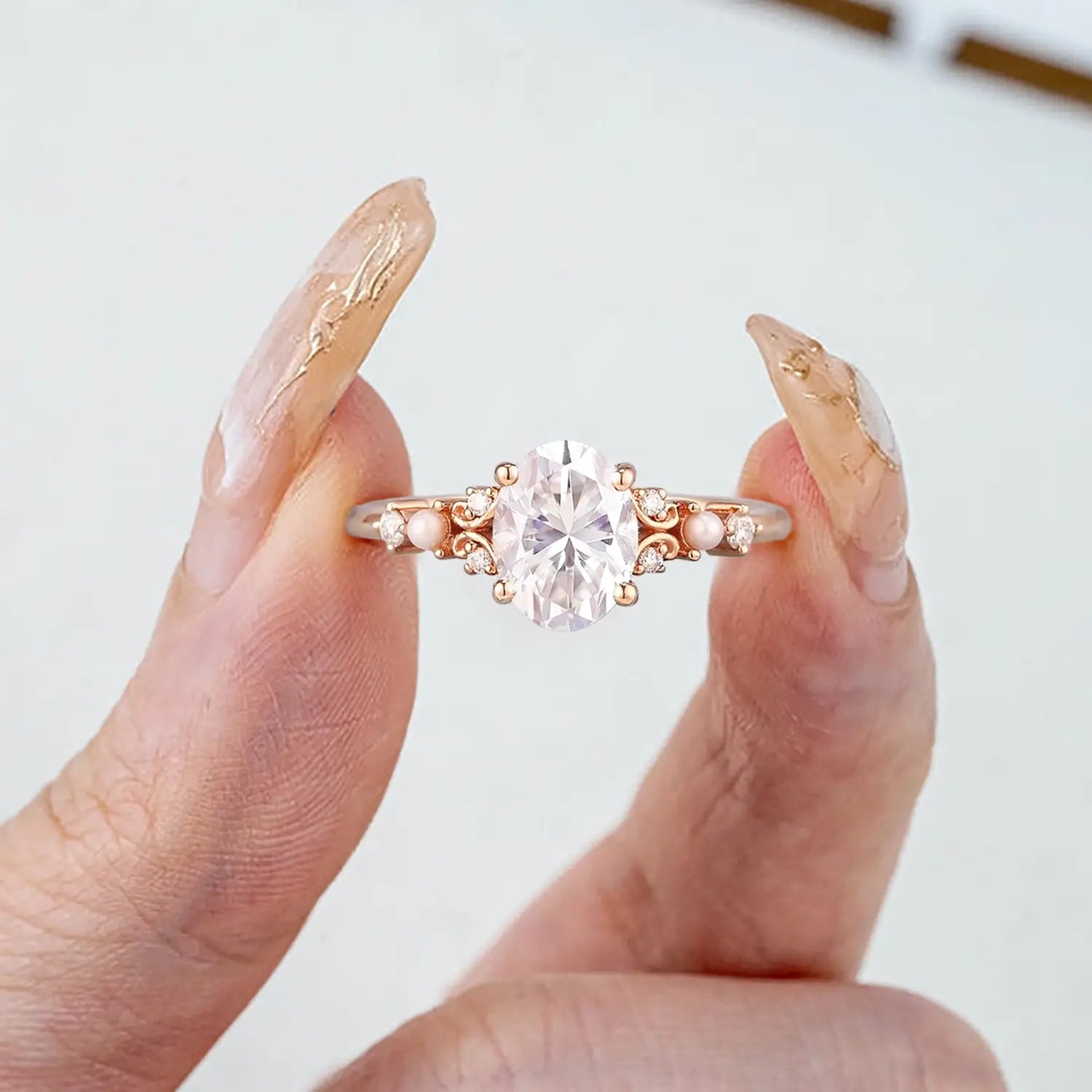 Vintage Oval Moissanite Engagement Ring with Pearl Solid Gold Art Deco Rings