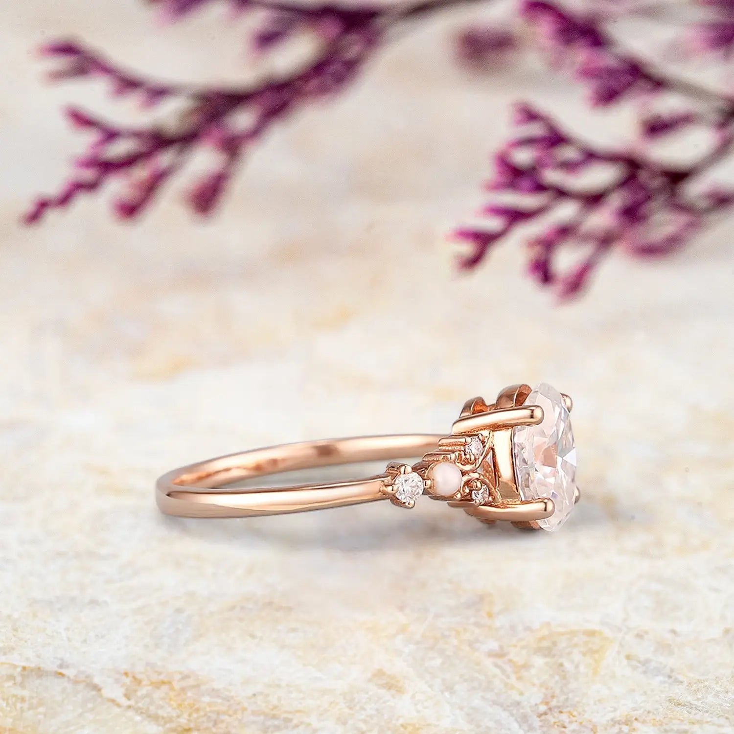 Vintage Oval Moissanite Engagement Ring with Pearl Solid Gold Art Deco Rings