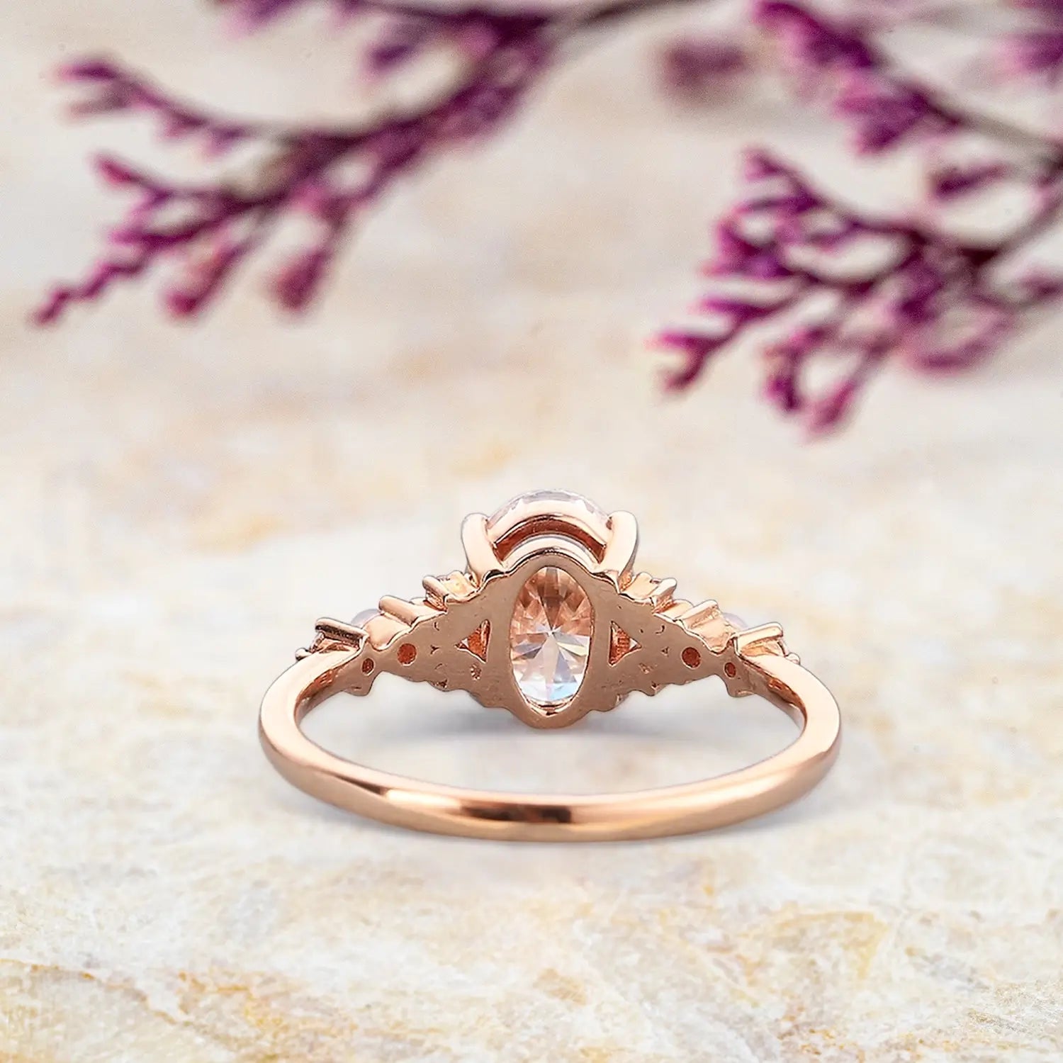 Vintage Oval Moissanite Engagement Ring with Pearl Solid Gold Art Deco Rings
