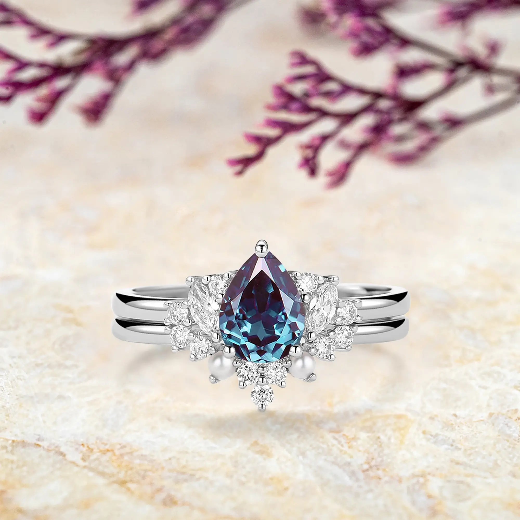 lexandrite & Pearl Vintage Ring Set – June Birthstone Bridal Ring for Women 14k white gold