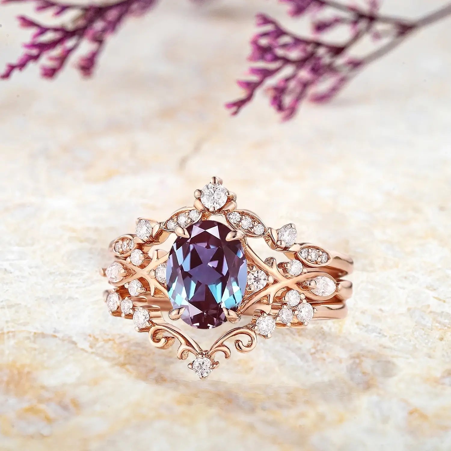 Side view of alexandrite trio ring set with moissanite and pearl band