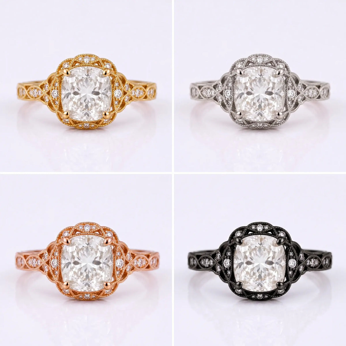 Elegant cushion cut moissanite halo ring in antique Edwardian style