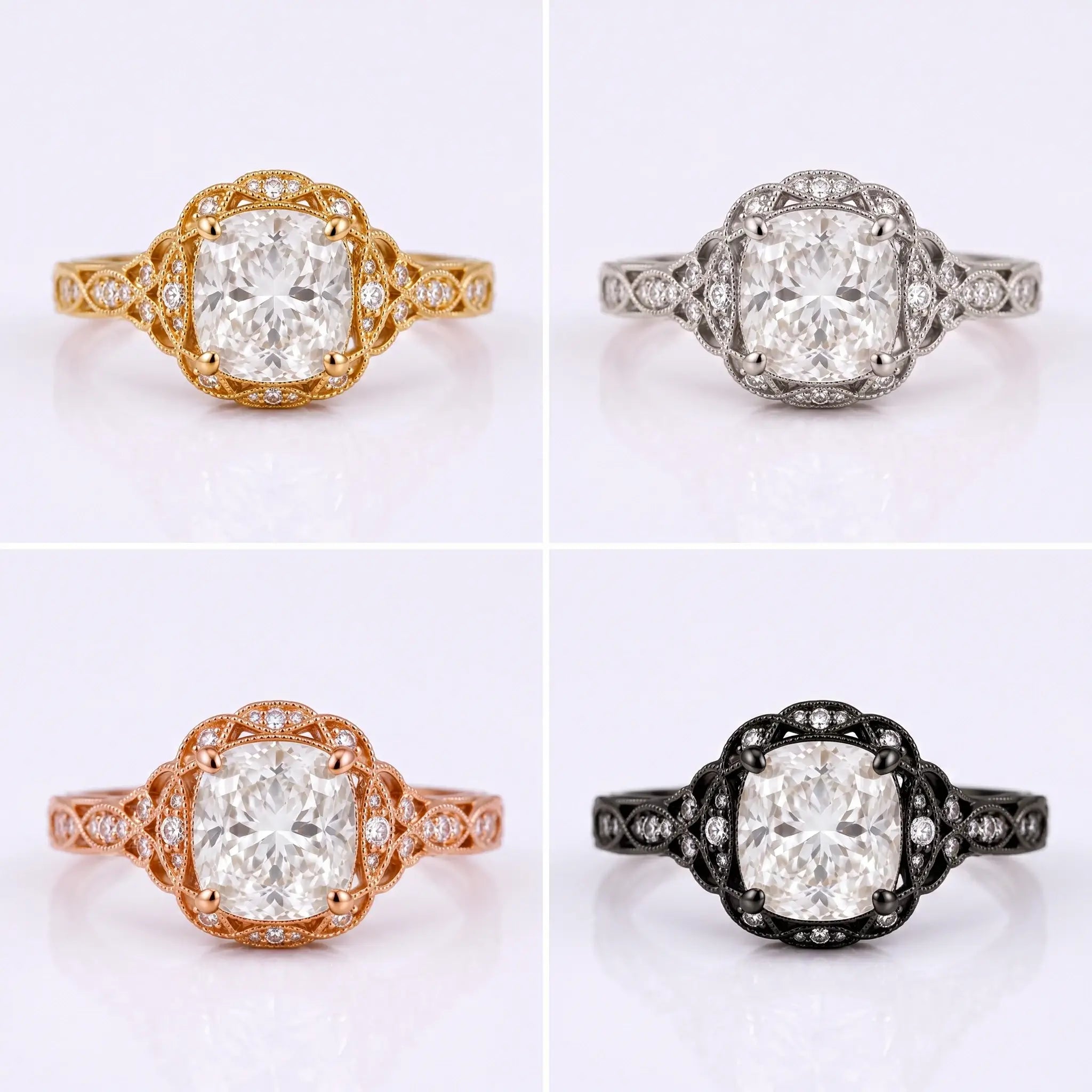 Elegant cushion cut moissanite halo ring in antique Edwardian style