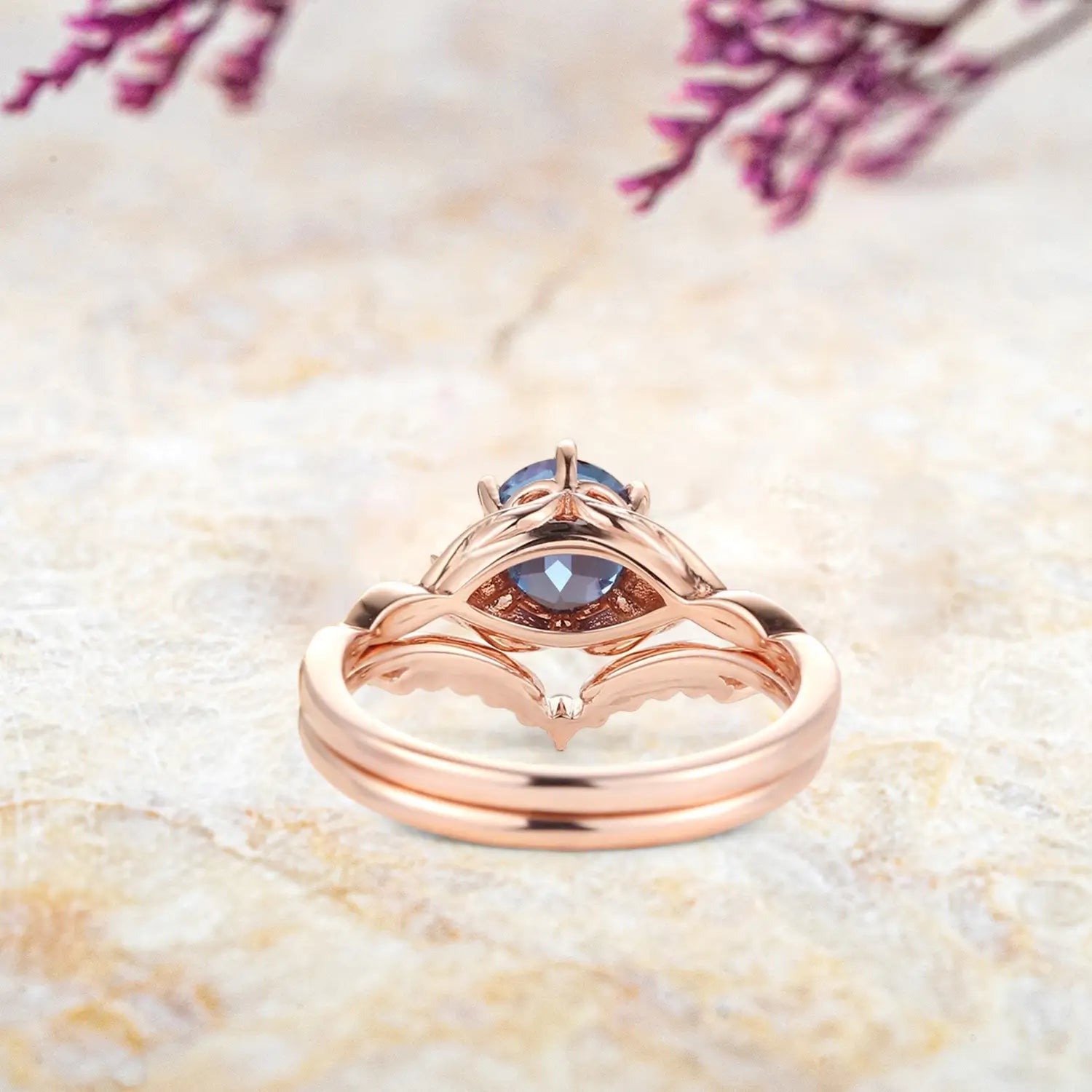 Back view of alexandrite engagement ring set showing art deco twisted band and chevron wedding band craftsmanship