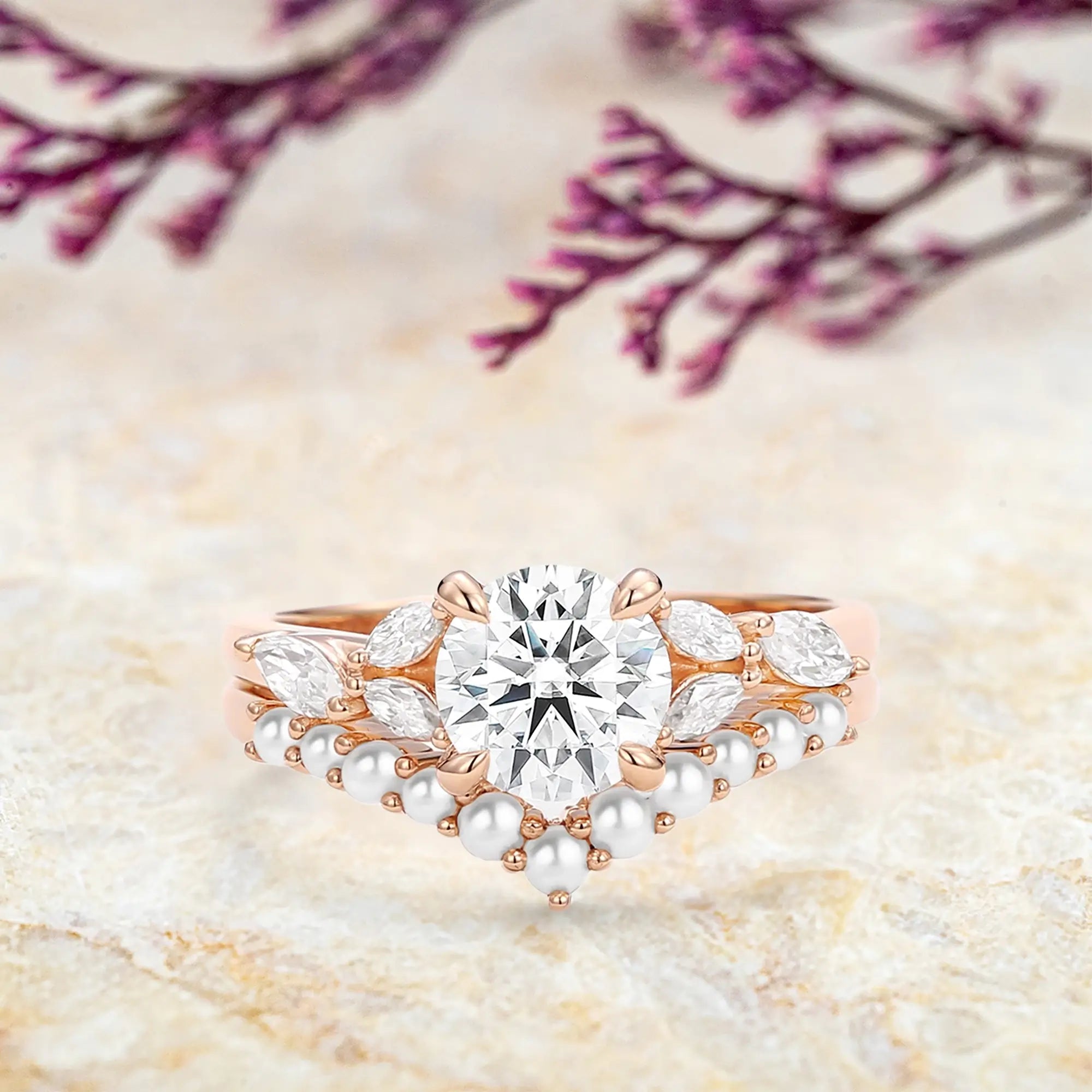 Aurelia round moissanite engagement ring set with pearl chevron band in 14k rose gold