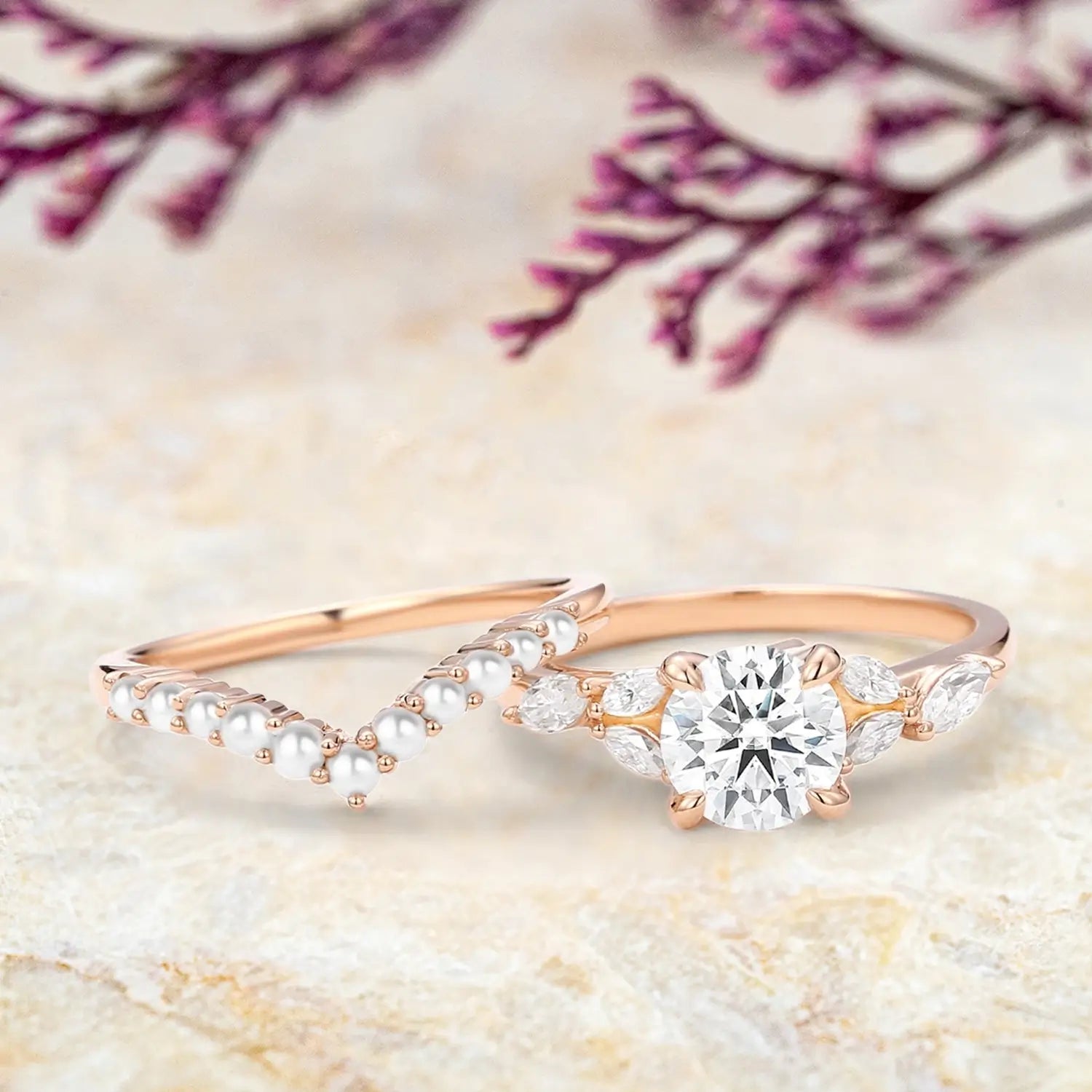 orleone handmade moissanite and pearl engagement ring for women promise anniversary gift 2pcs