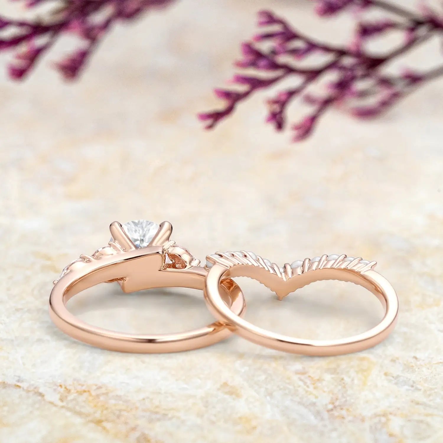 Aurelia - Round Cut Moissanite Cluster Ring Set Chevron Leafy Engagement Rings