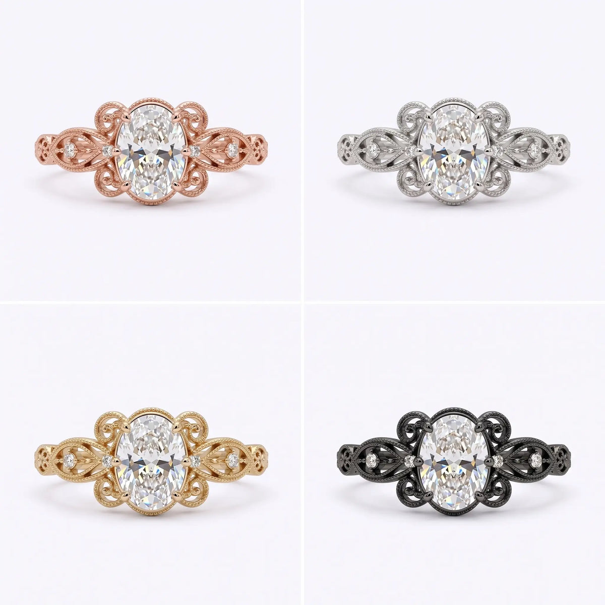 Aurevielle oval moissanite filigree engagement ring shown in four gold color options with intricate vintage-inspired detailing.