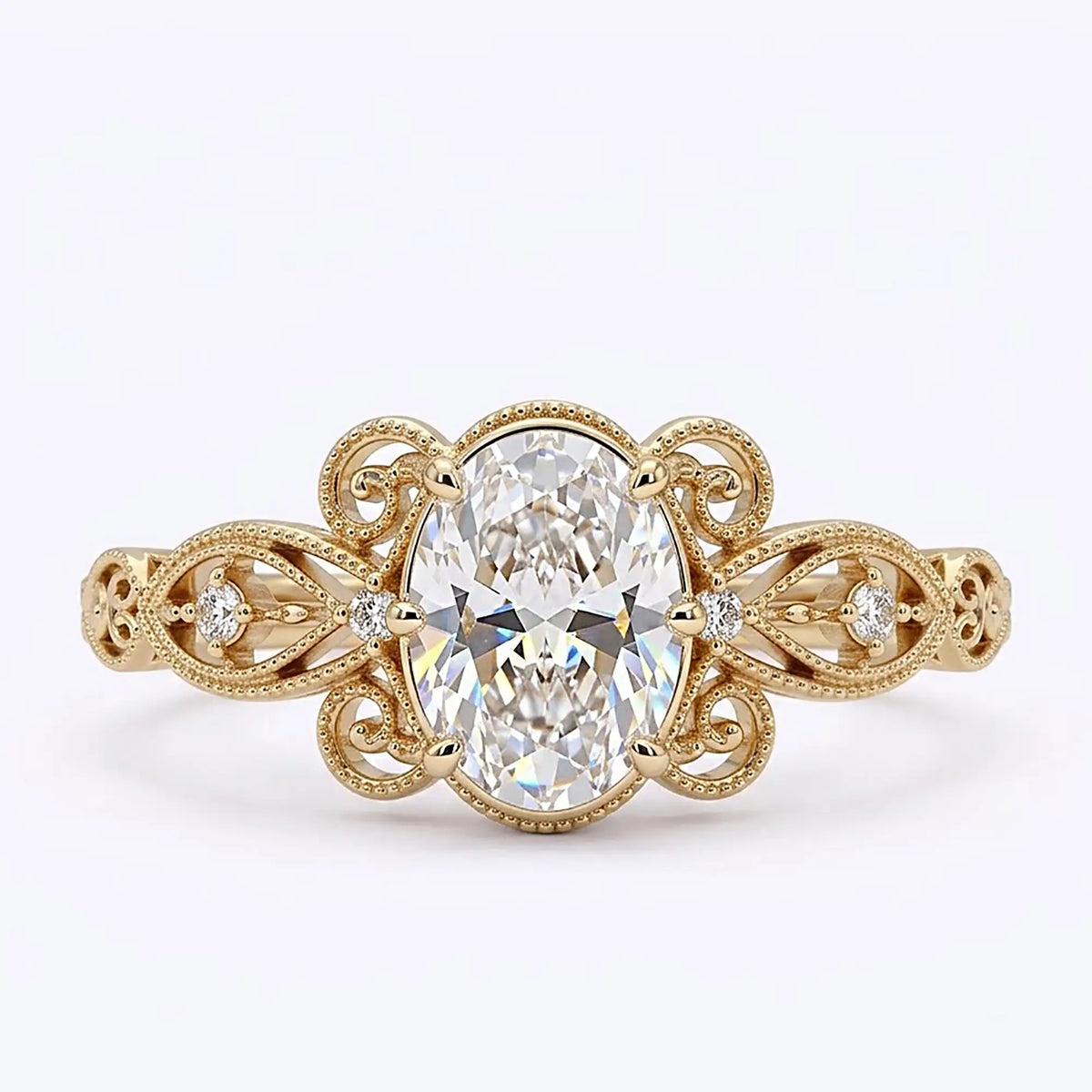 Angled side view of Aurevielle oval moissanite engagement ring showing Edwardian scrollwork, leaf-shaped openwork and milgrain details.