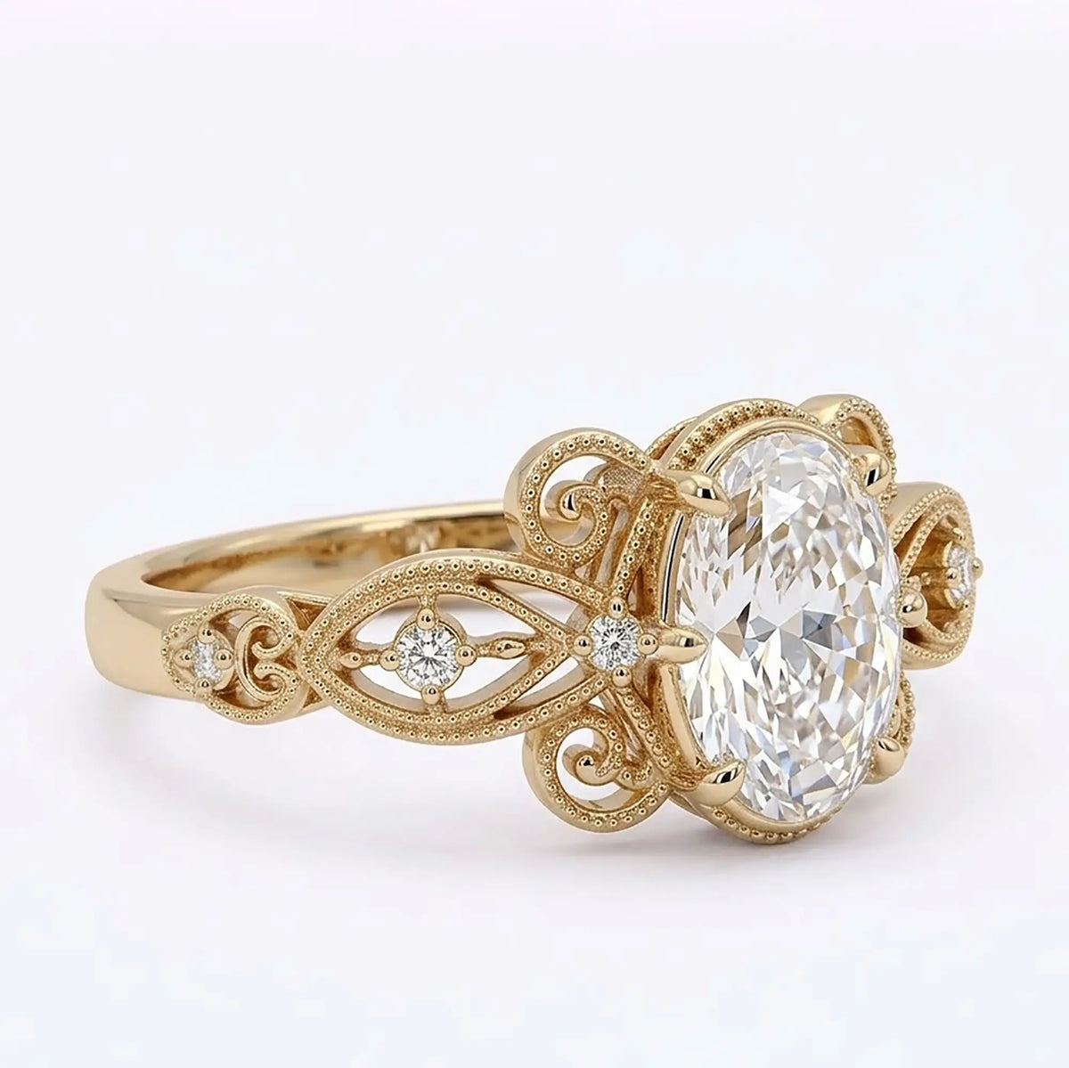 Opposite side view of Aurevielle vintage moissanite ring highlighting the ornate filigree shoulders and flowing leaf motifs.