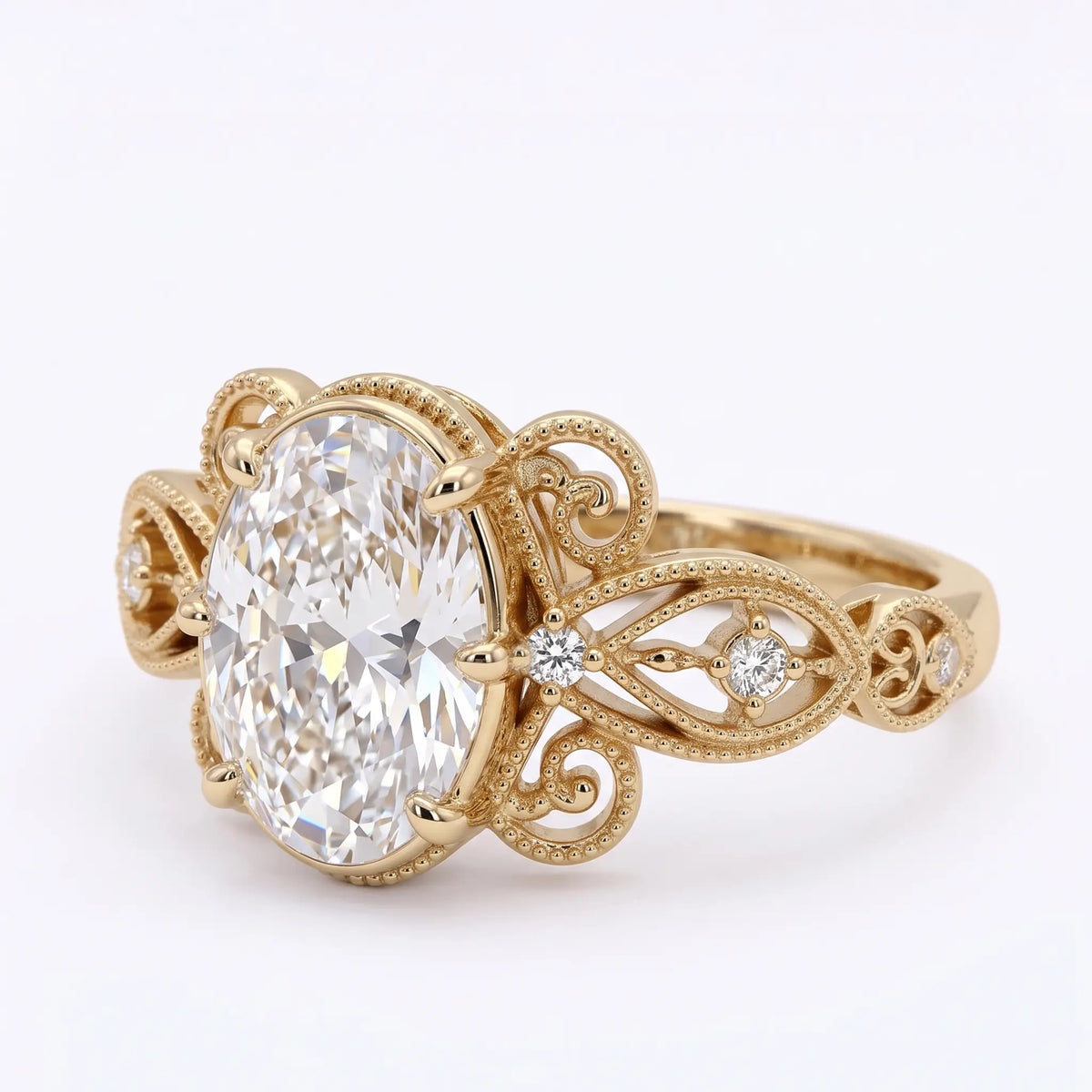 Opposite side view of Aurevielle vintage moissanite ring highlighting the ornate filigree shoulders and flowing leaf motifs.