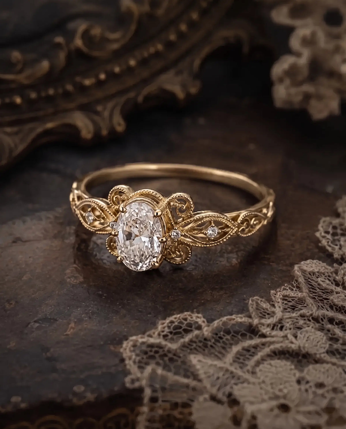 Aurevielle Edwardian-inspired oval moissanite engagement ring worn on a finger, displaying its delicate openwork filigree band.