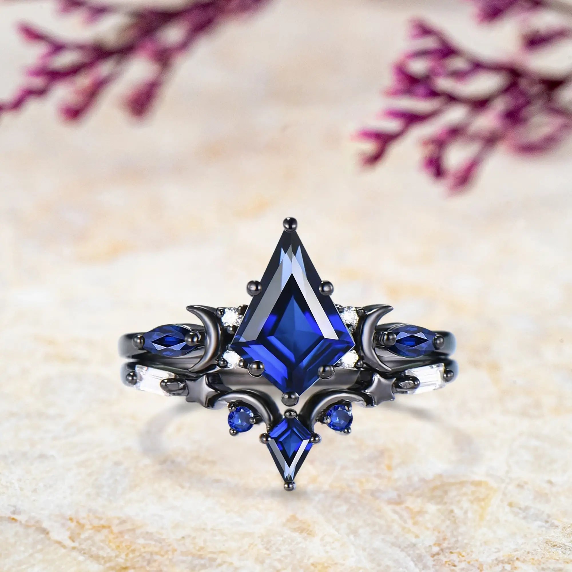 Black gold kite cut blue sapphire engagement ring set with gothic moon star band
