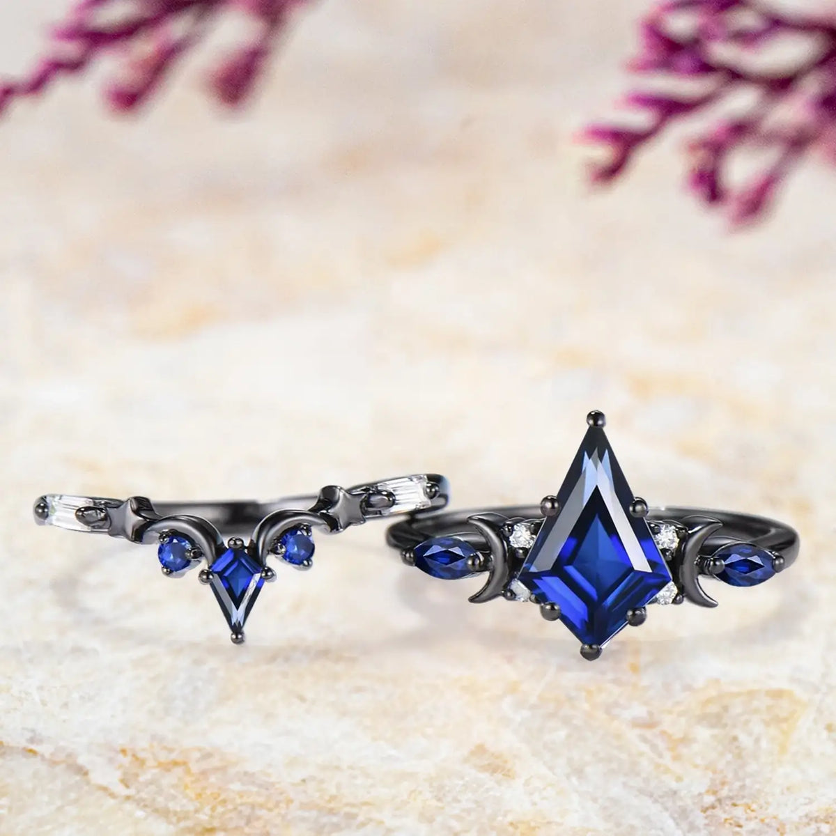 Stacked black gold sapphire and moissanite wedding band set