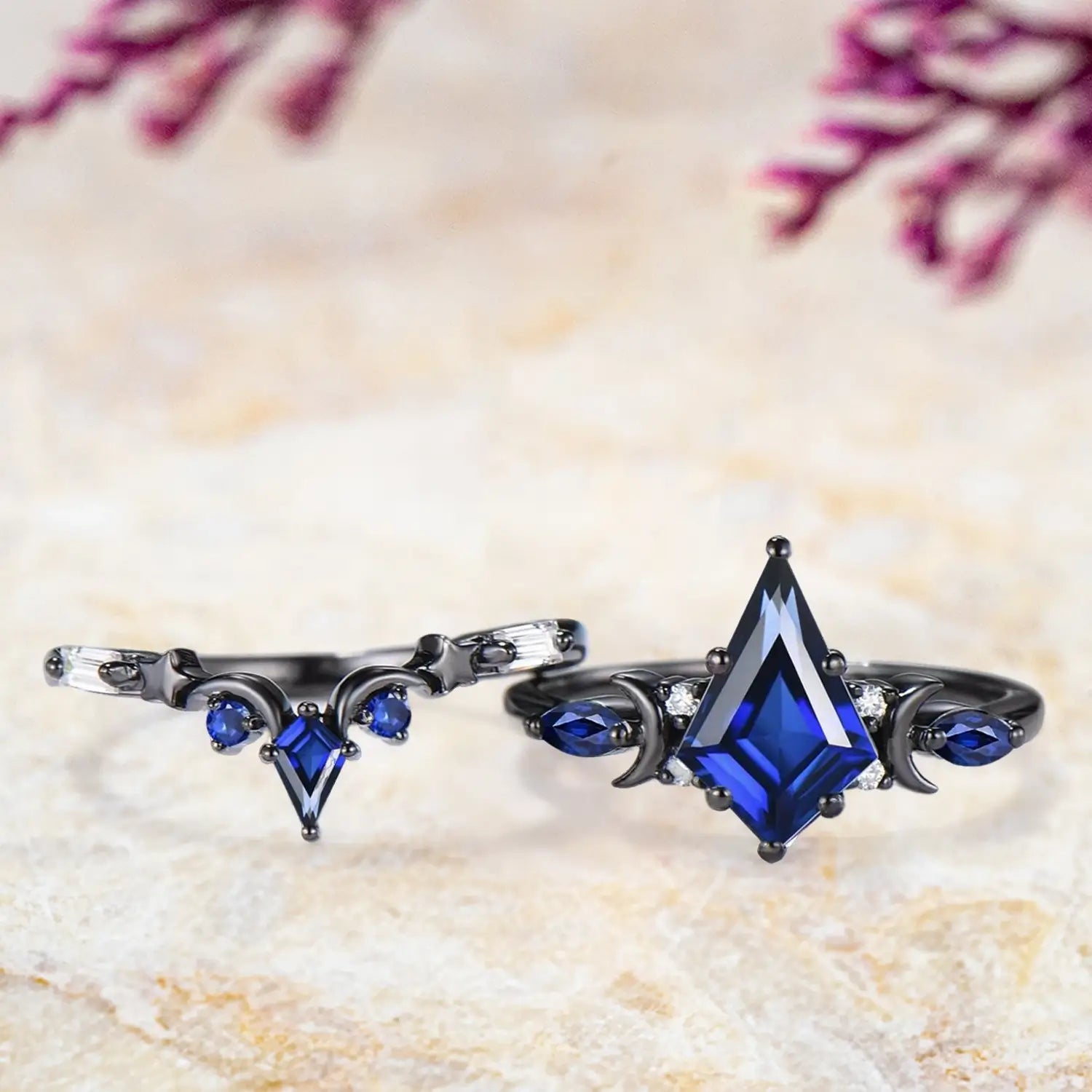 Stacked black gold sapphire and moissanite wedding band set